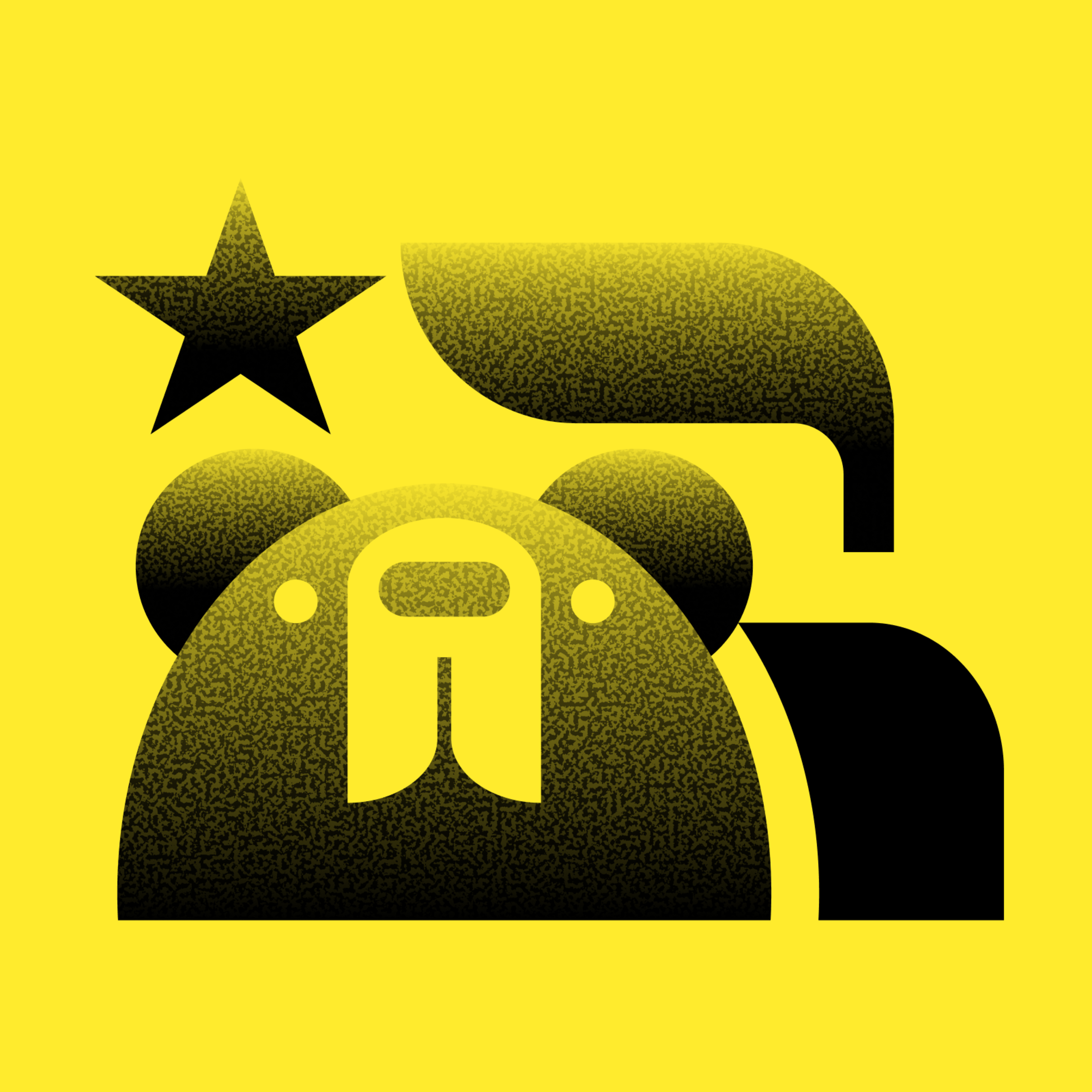A stylized bear face with round ears and a snout, a five-pointed star above its left ear, and abstract shapes resembling a flag on a yellow background.