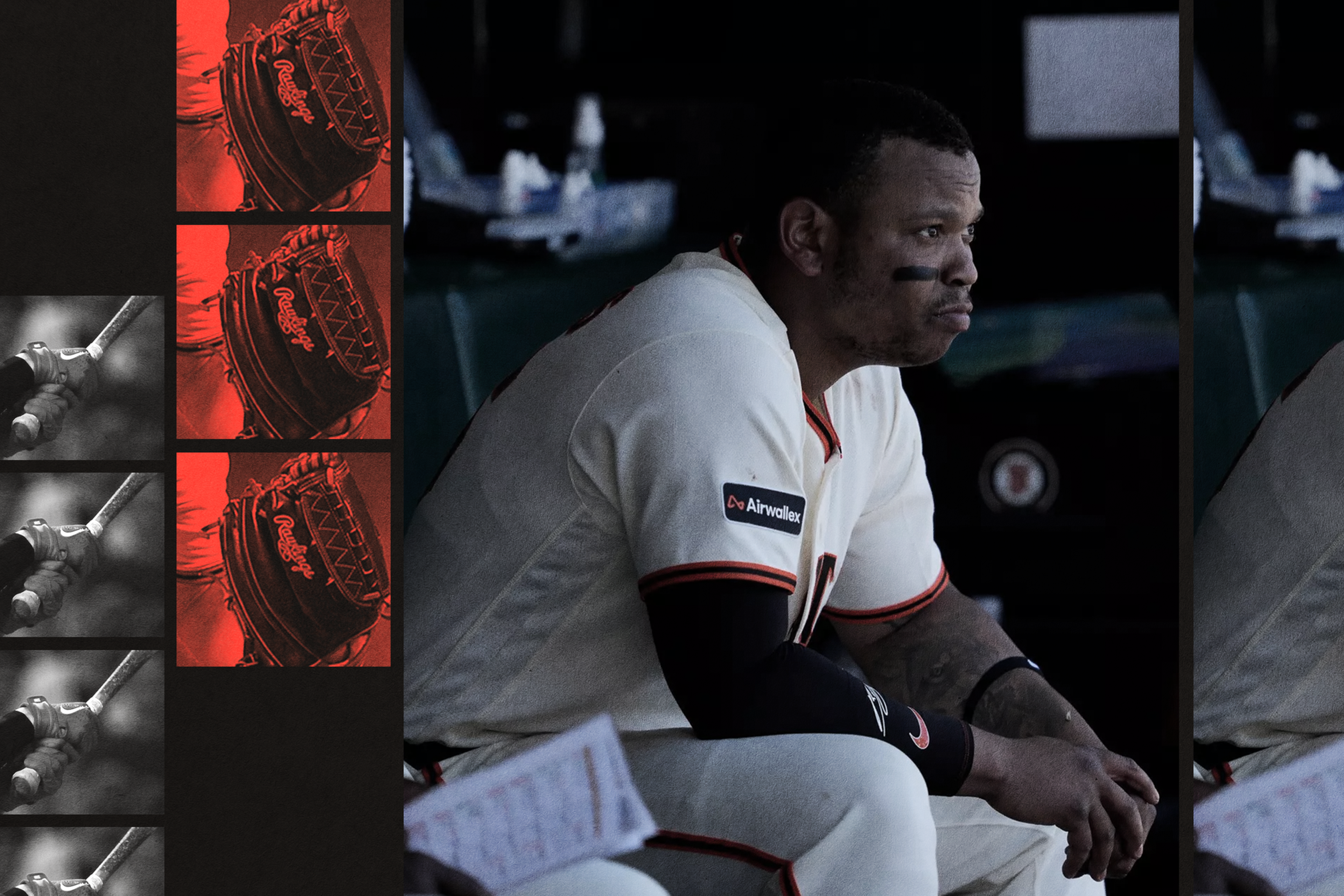 A baseball player in uniform sits pensively on a bench, with black eye paint and a tattoo on his left forearm, surrounded by glove and bat close-ups.