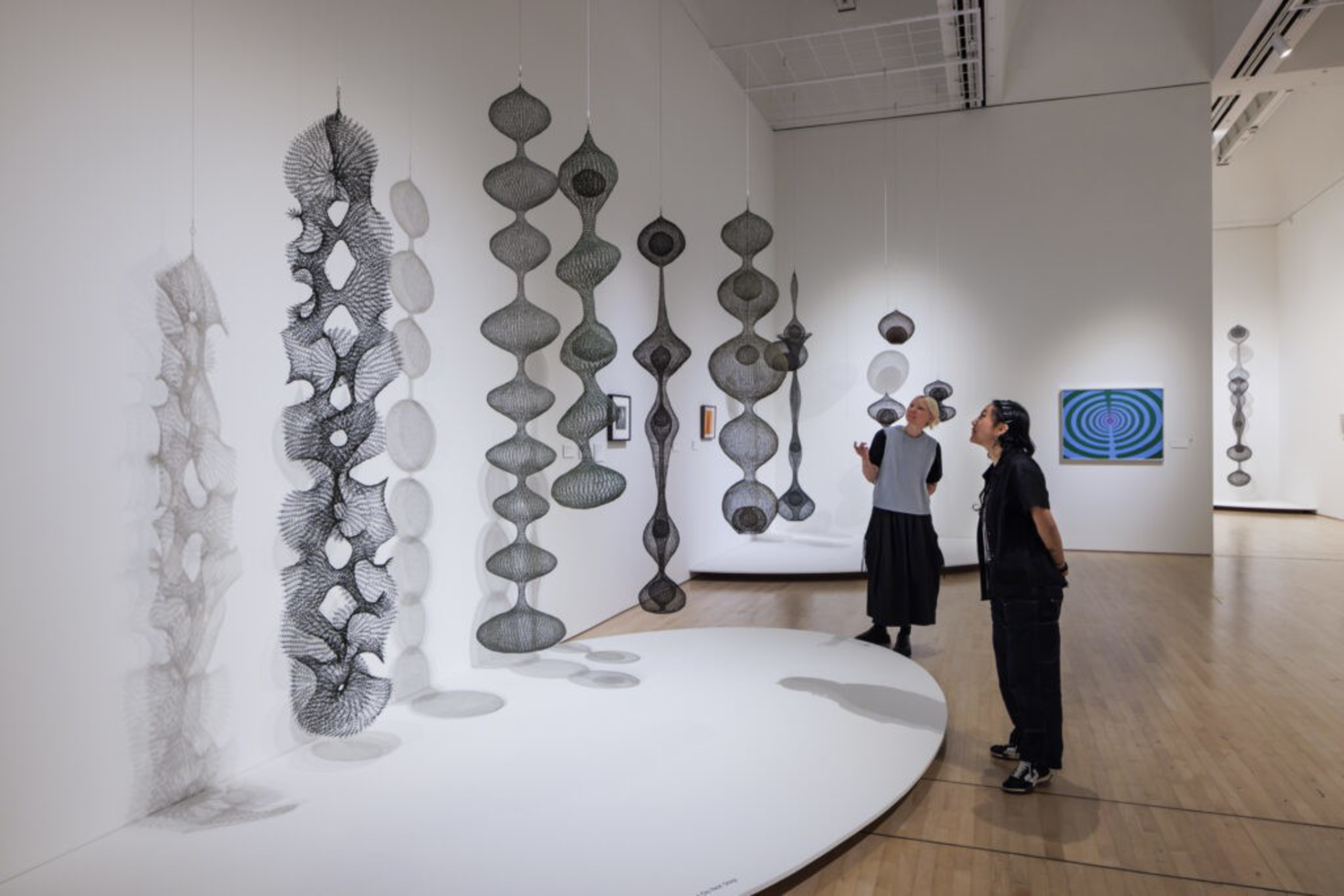 Two people observe hanging, intricate wire sculptures in an art gallery. The sculptures are organic, net-like forms, and a colorful painting is on the wall.