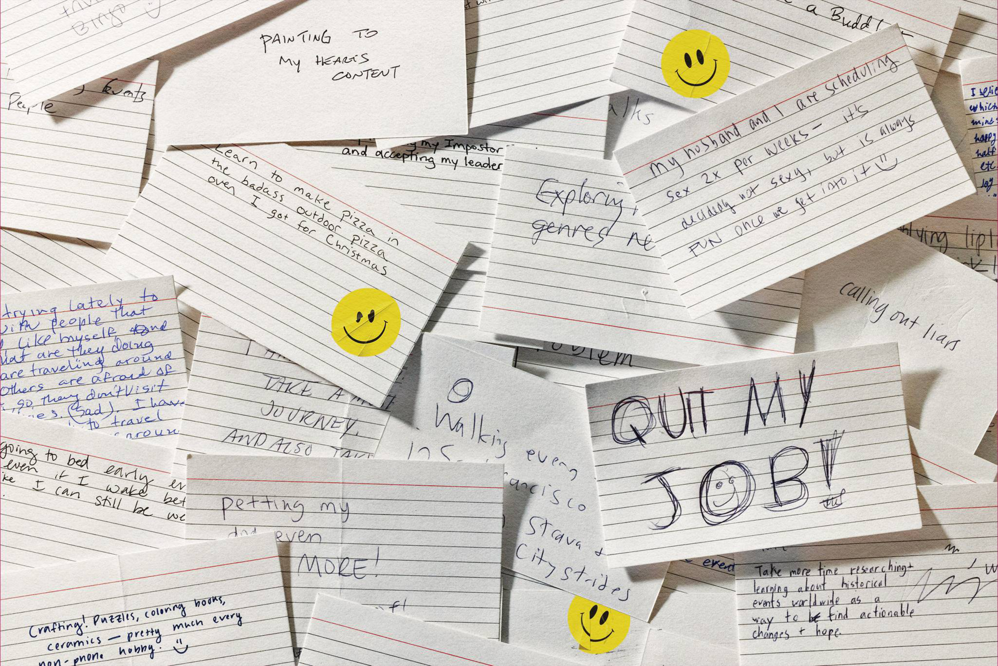 Handwritten notes and yellow smiley face stickers scattered, including one prominently saying "QUIT MY JOB!" surrounded by various personal reflections and lists.