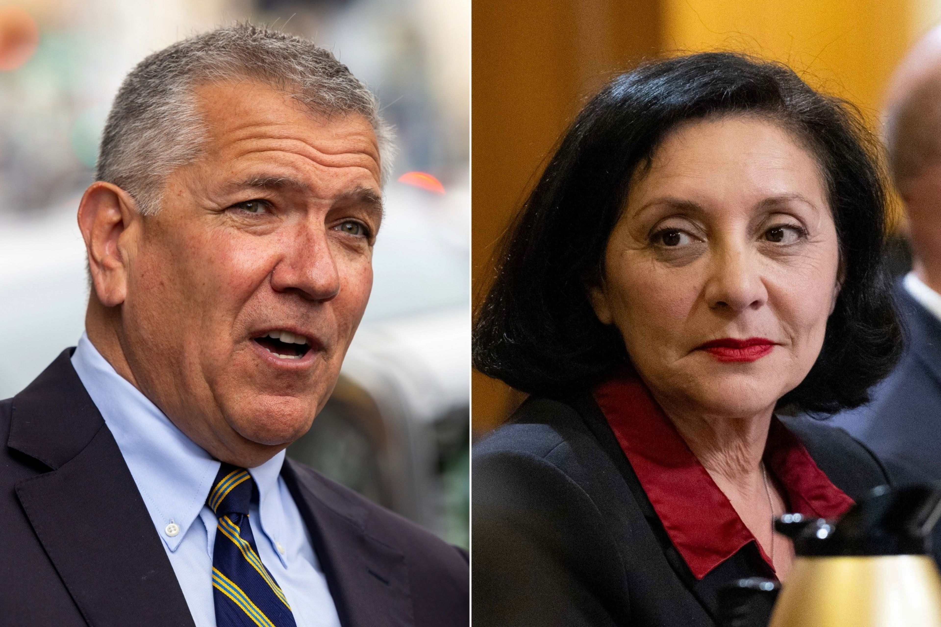 A gray-haired man in a suit talks outdoors, while a black-haired woman with red lipstick and a red blouse looks thoughtfully indoors.