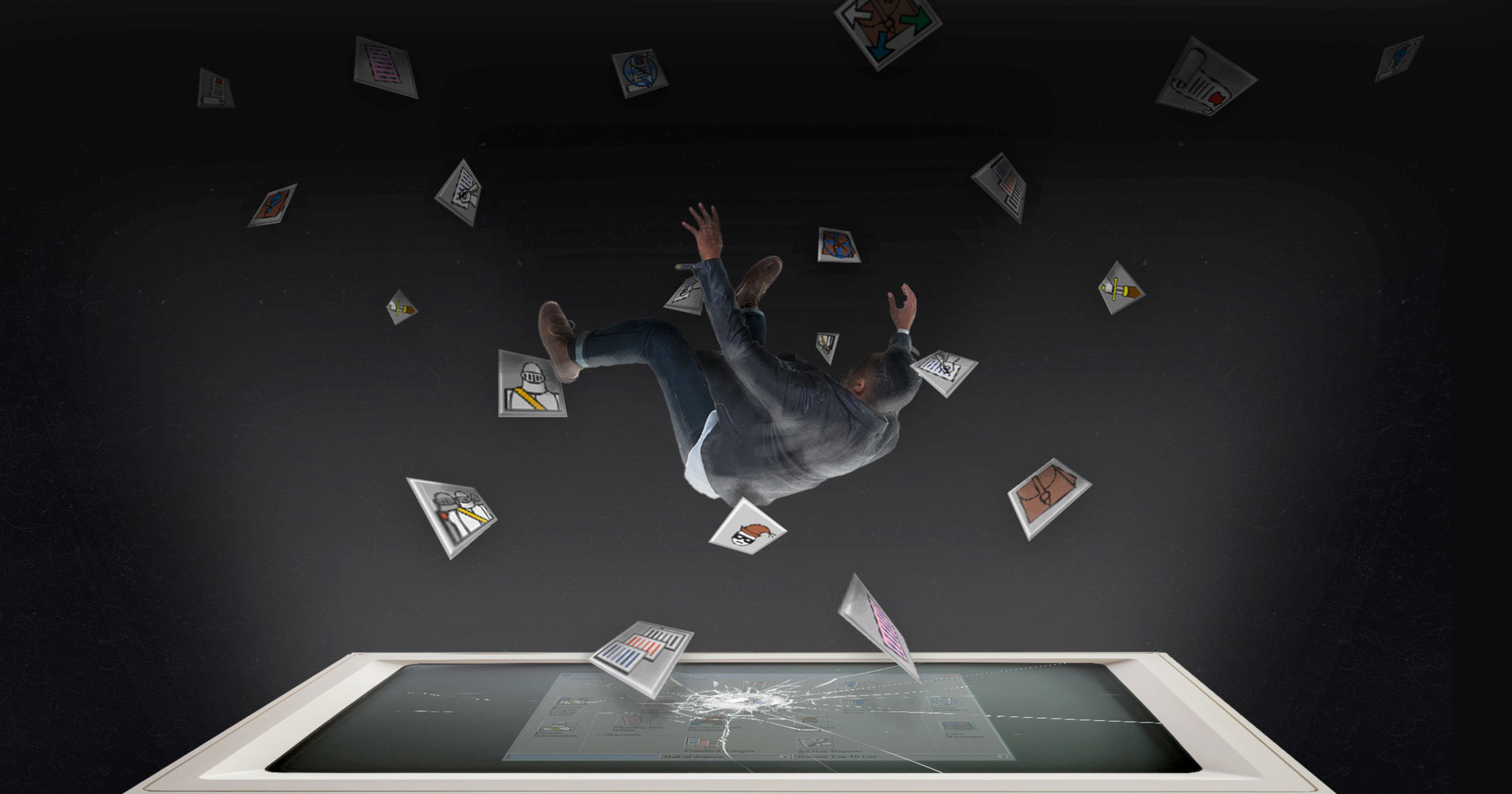 A man is falling backward into a dark space surrounded by scattered floating documents above a cracked digital tablet.