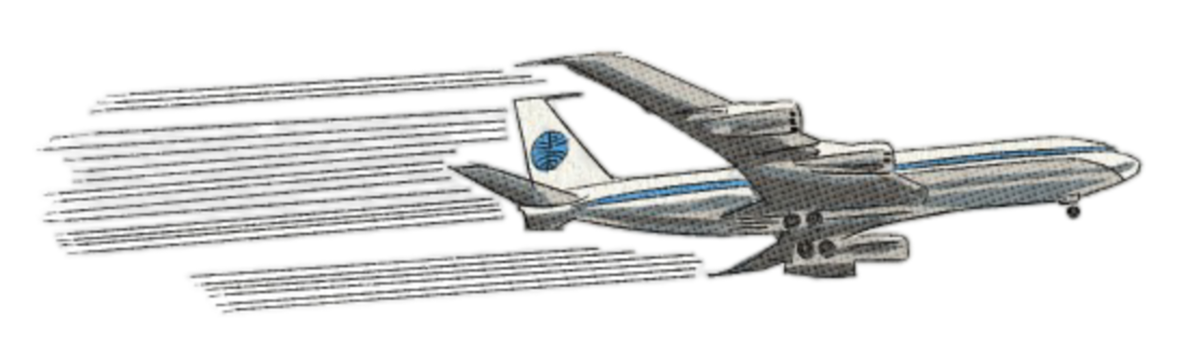 A large airplane with four engines flies forward, leaving multiple long horizontal motion lines behind it to indicate speed.
