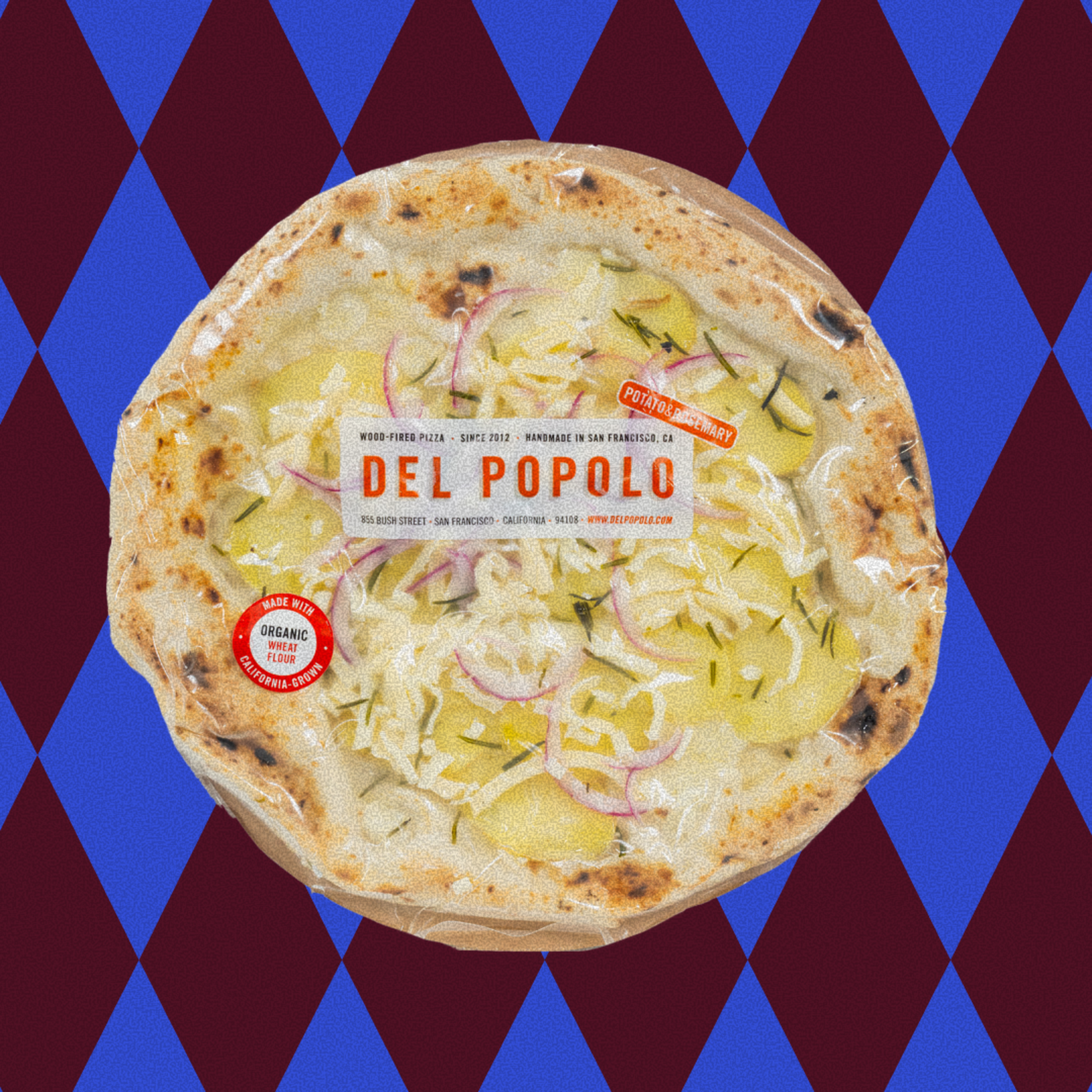A potato and rosemary pizza with thinly sliced potatoes, rosemary, red onions, and cheese on a rustic crust, labeled "Del Popolo" with organic wheat flour.