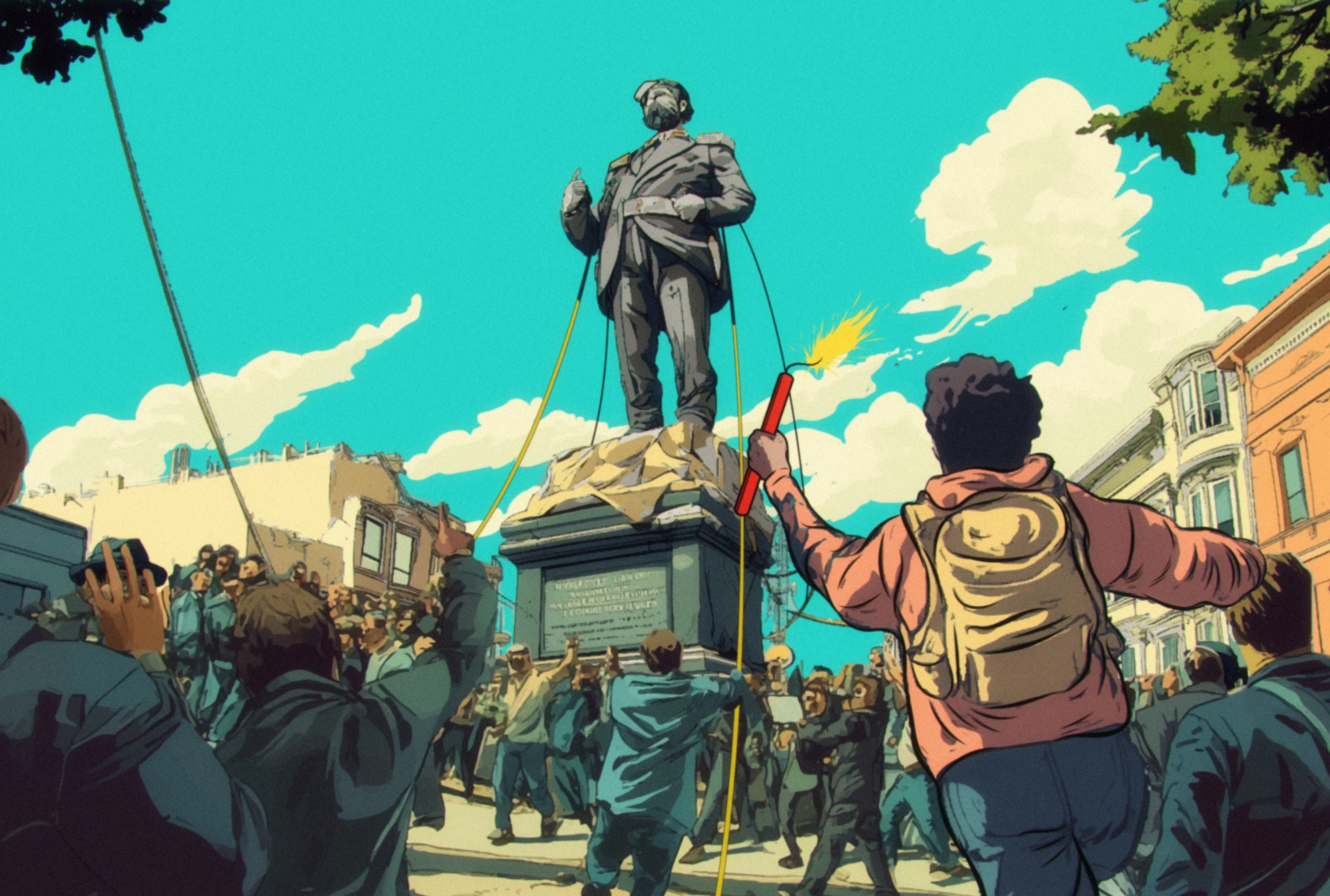 A crowd pulls down a statue with ropes while a person holds a flare in the foreground. The scene shows tall buildings and a clear sky in the background.