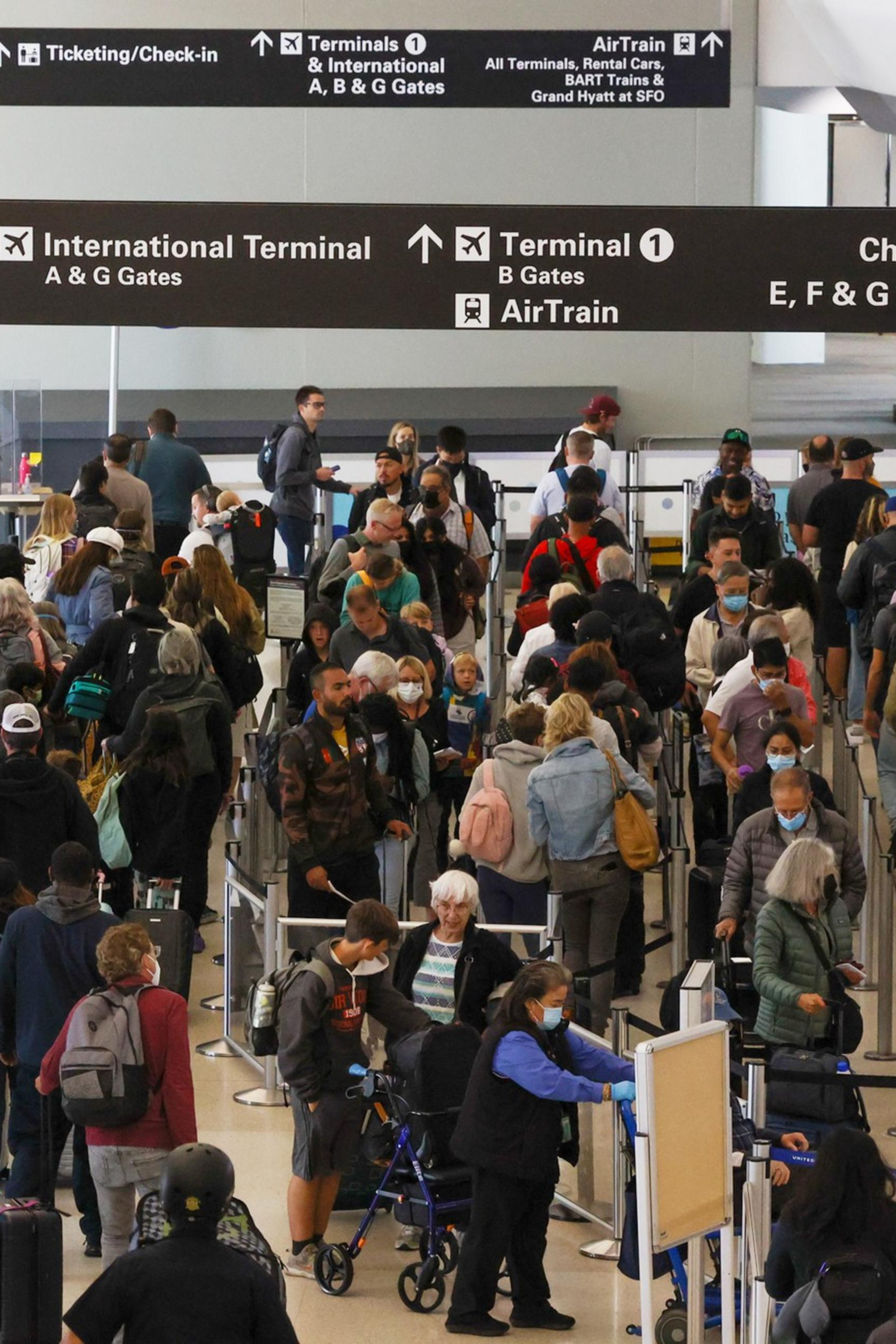A crowded airport terminal features travelers wearing masks, many with luggage, standing in long lines at a security checkpoint under signs directing to terminals and gates.