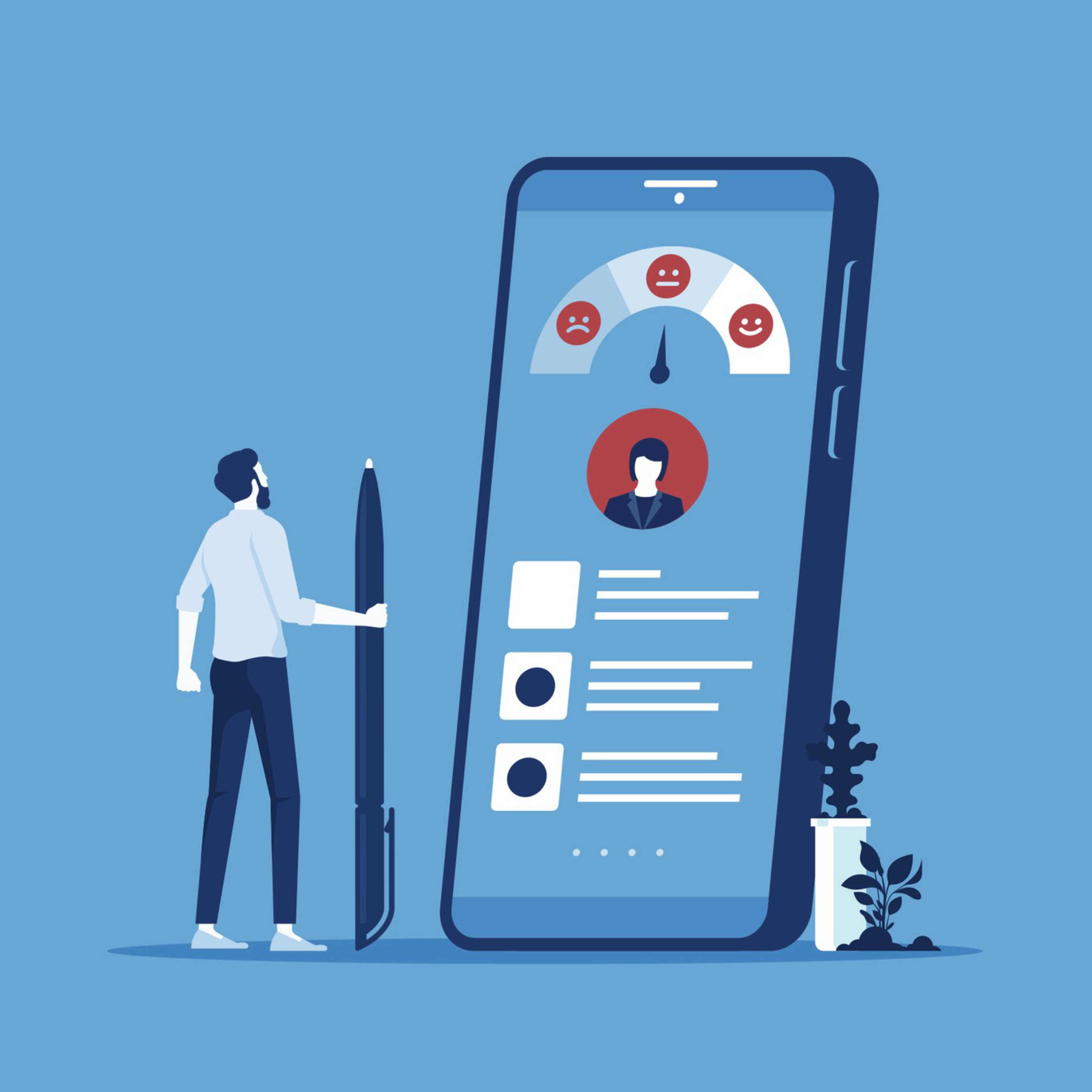An illustration of a person looking at an iphone app.