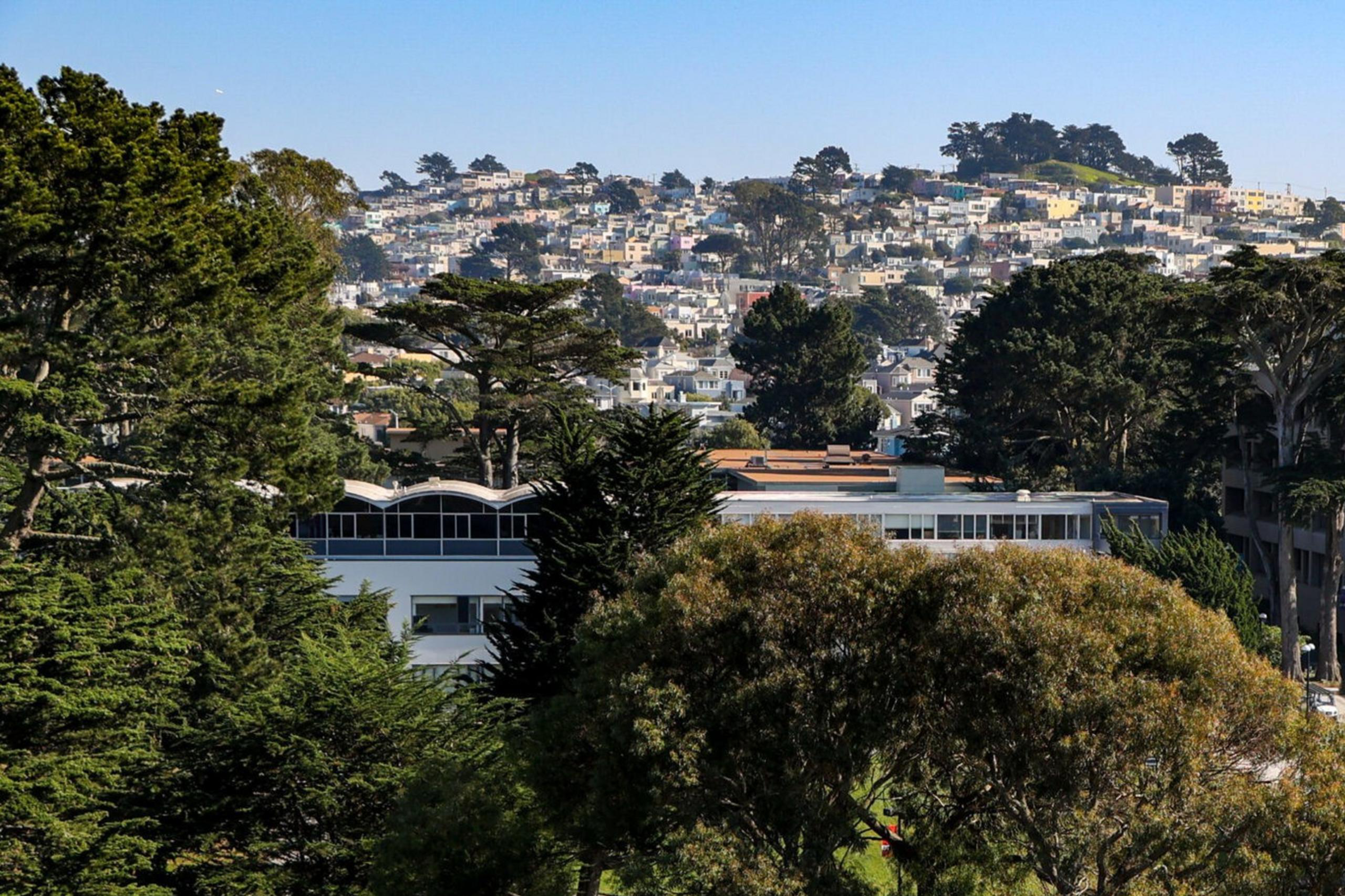 The image shows a lush green park with tall trees, surrounded by large buildings. In the background, there's a hillside densely covered with houses.