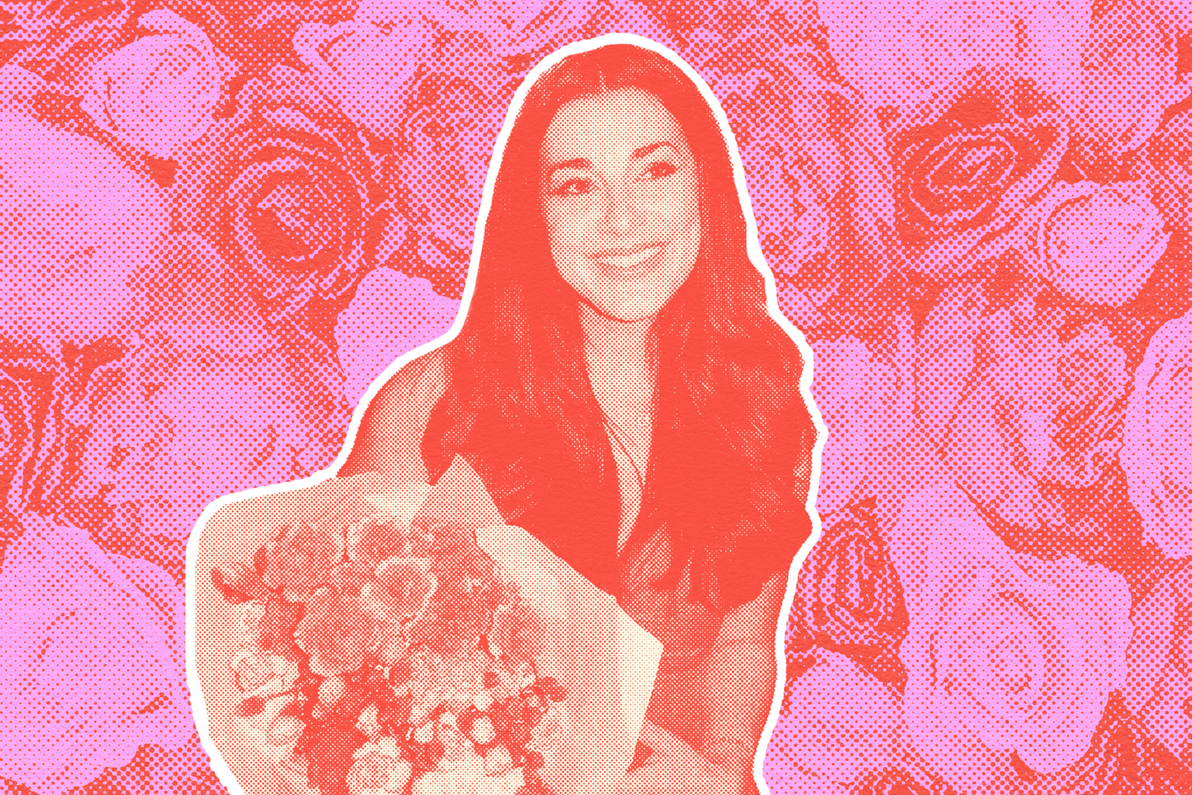 A smiling woman with long hair holds a bouquet of flowers against a background filled with stylized roses.