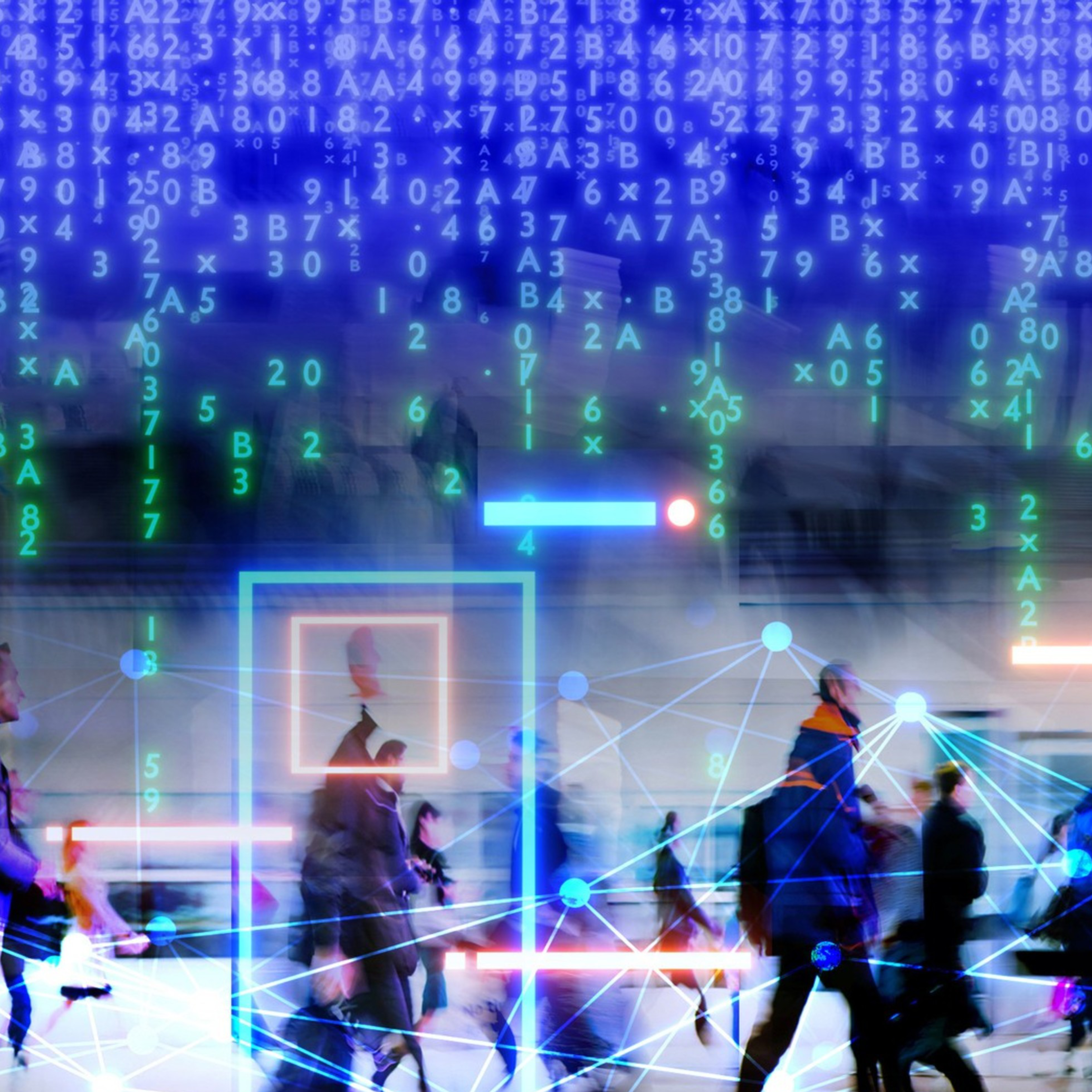 The image depicts a busy crowd walking beneath a digital overlay of code, grids, and connection lines, suggesting data analysis or surveillance in a technology-driven environment.
