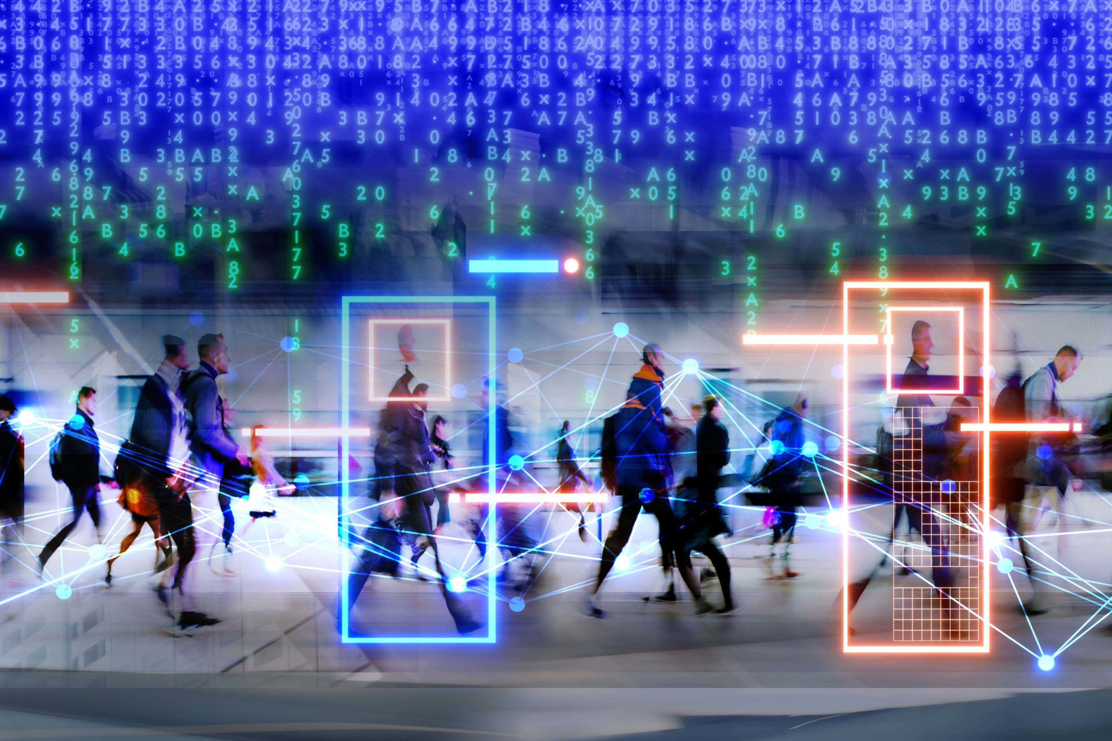 The image depicts a busy crowd walking beneath a digital overlay of code, grids, and connection lines, suggesting data analysis or surveillance in a technology-driven environment.