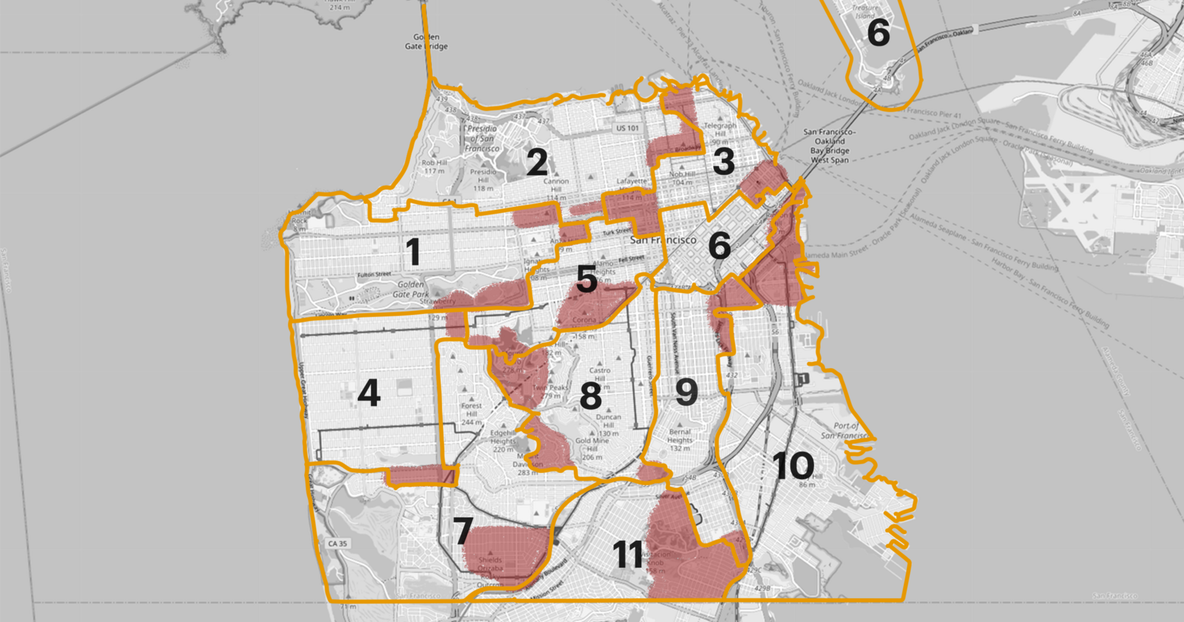 A map of San Francisco divided into 11 numbered districts with several pink shaded areas within the city boundaries outlined in orange.