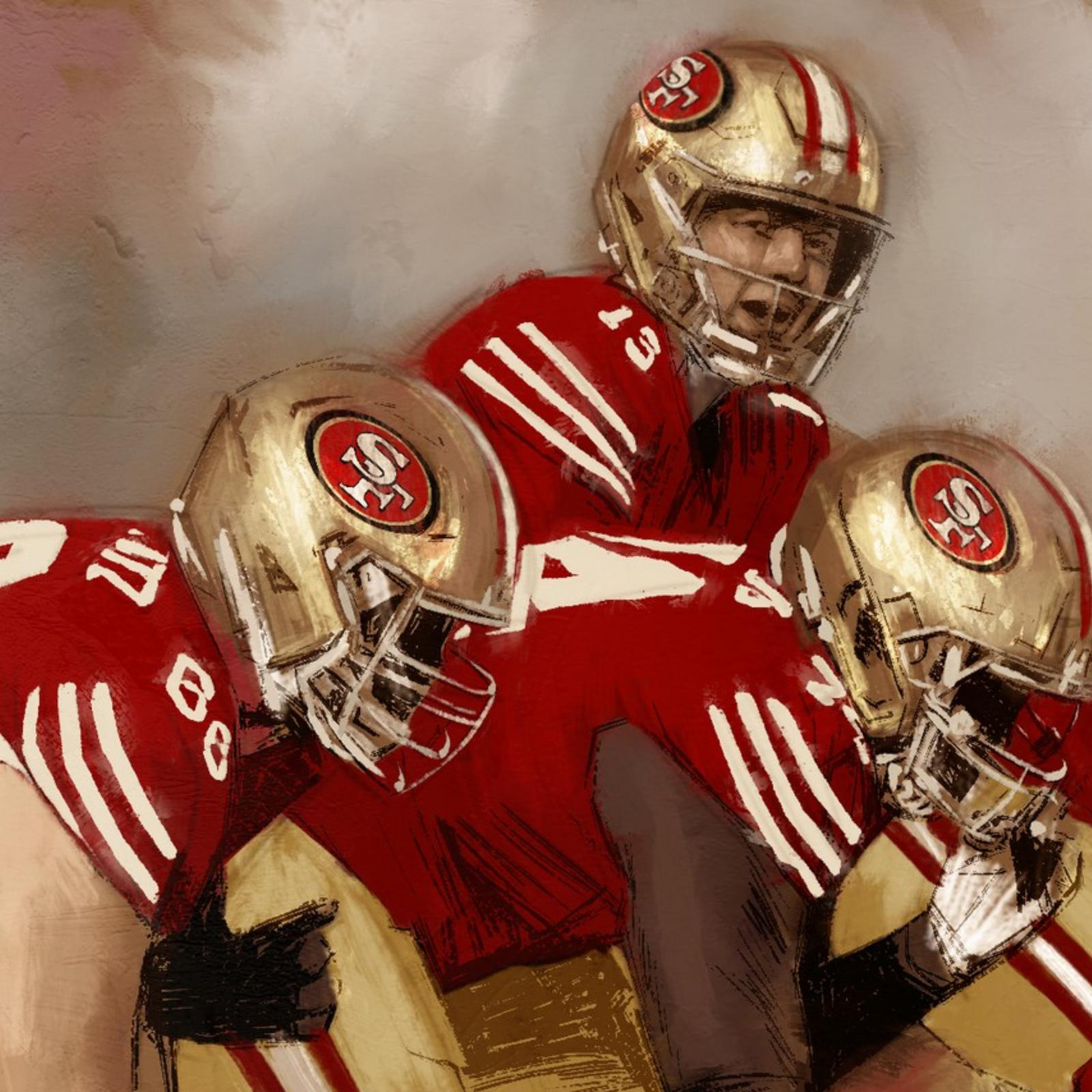 An illustration of men wearing red and gold uniforms playing football.
