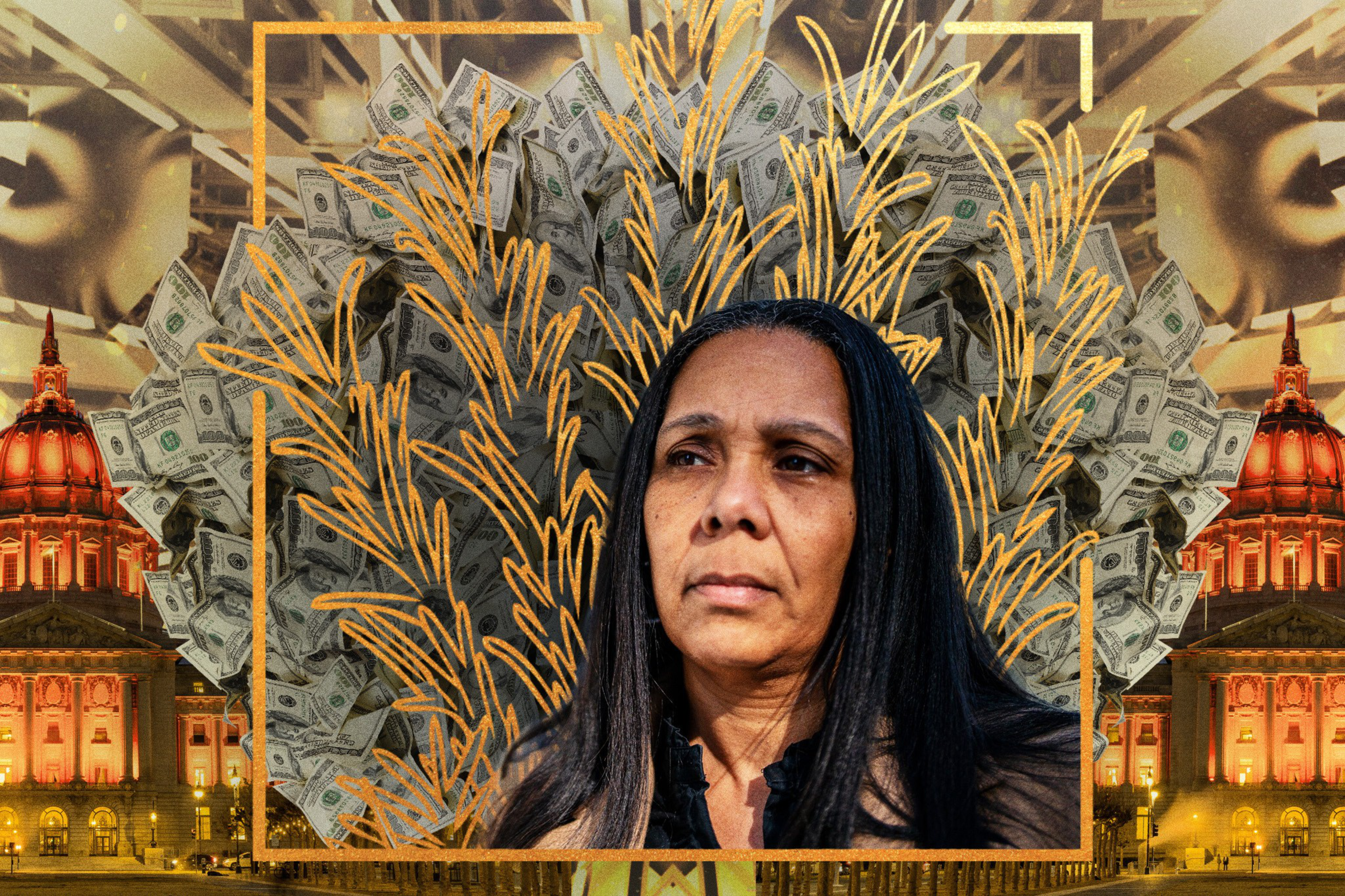 Sheryl Davis with long dark hair stands in front of a backdrop of ornate, glowing buildings and a wreath of dollar bills intertwined with golden branches.