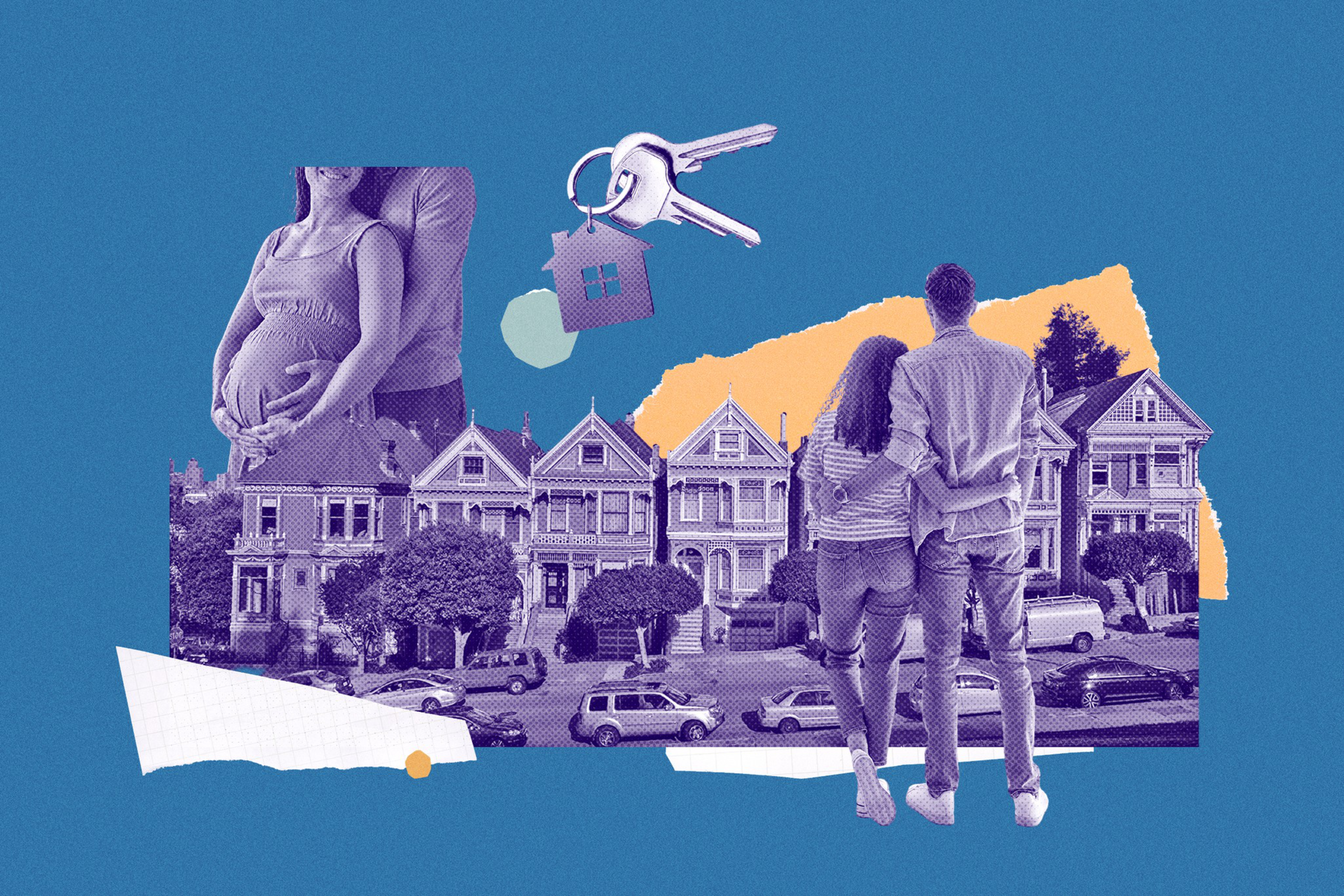 A photo illustration depicting a young couple and a young family with hopes and dreams of affording homes in the city.