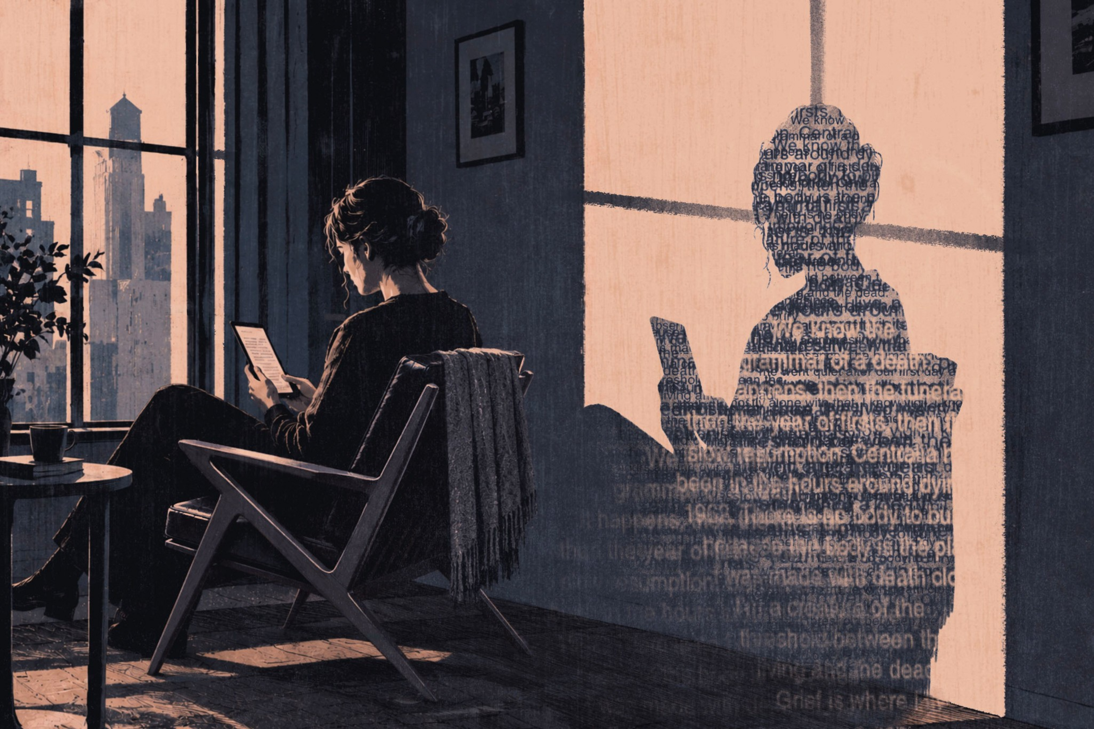 A woman sits reading on a chair near a window; her shadow on the wall is filled with dense, overlapping text resembling printed words.