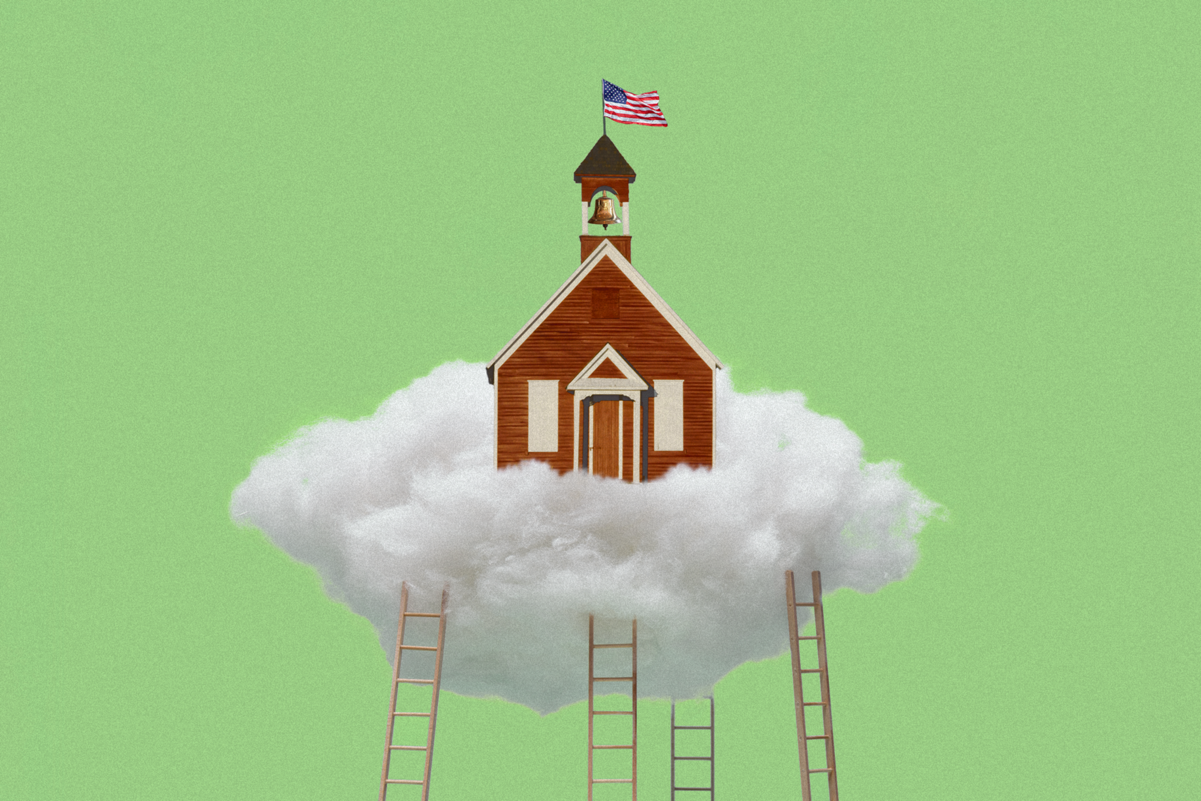 A small wooden schoolhouse with an American flag sits atop a fluffy white cloud, supported by four ladders, against a plain green background.