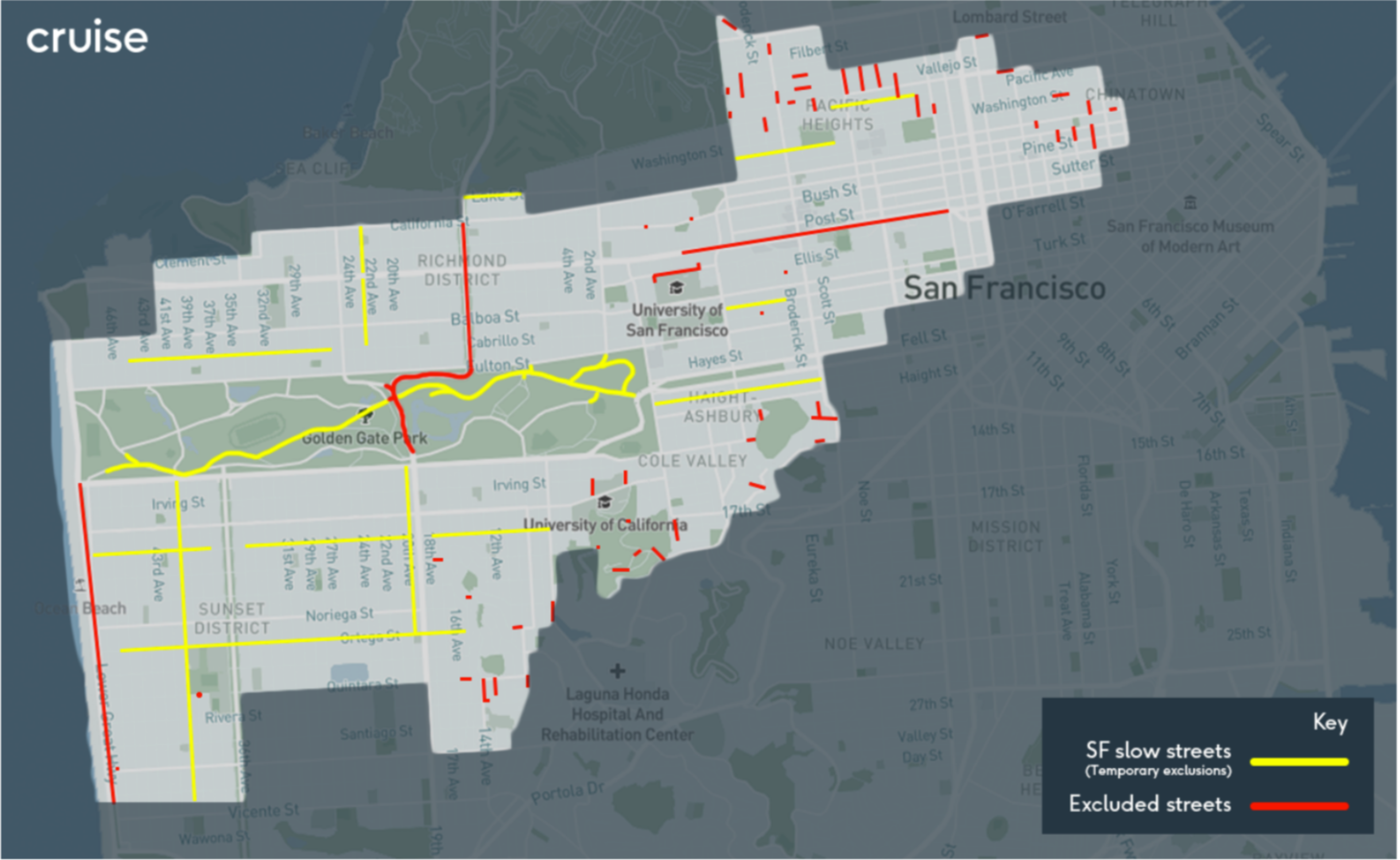 San Francisco map highlights slow streets with yellow lines and excluded streets with red lines, mainly around Golden Gate Park and nearby districts.