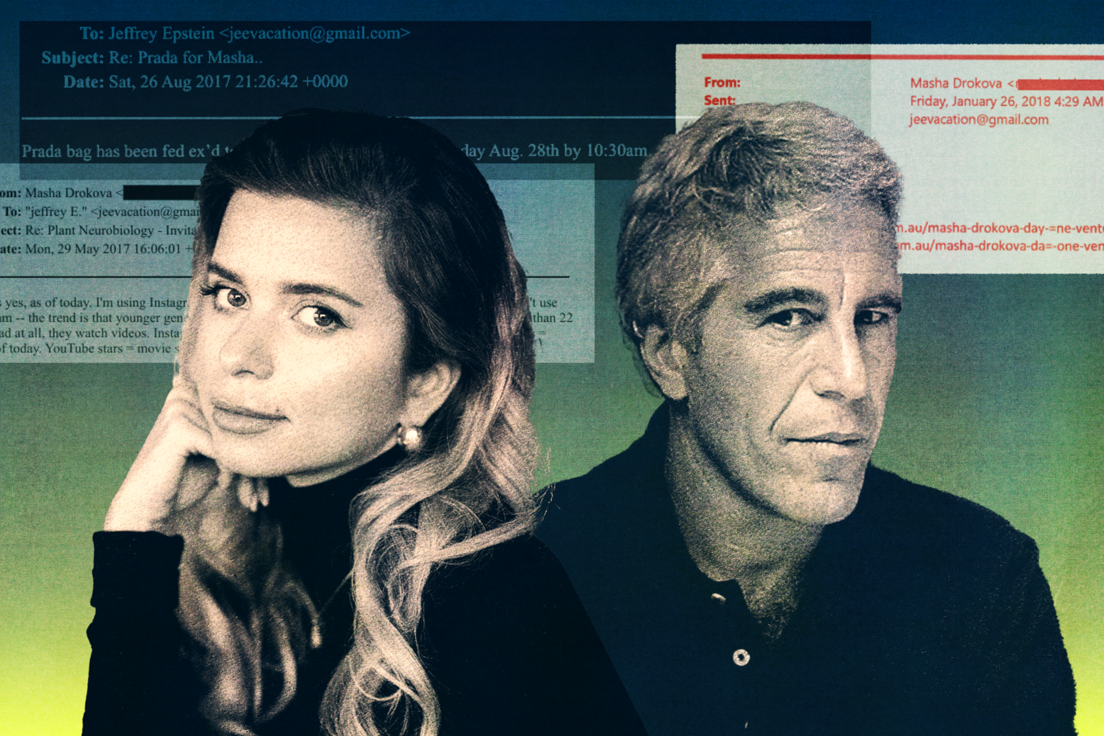 A young woman with long wavy hair and a man with gray hair sit side by side against a background of email excerpts with their names and addresses visible.