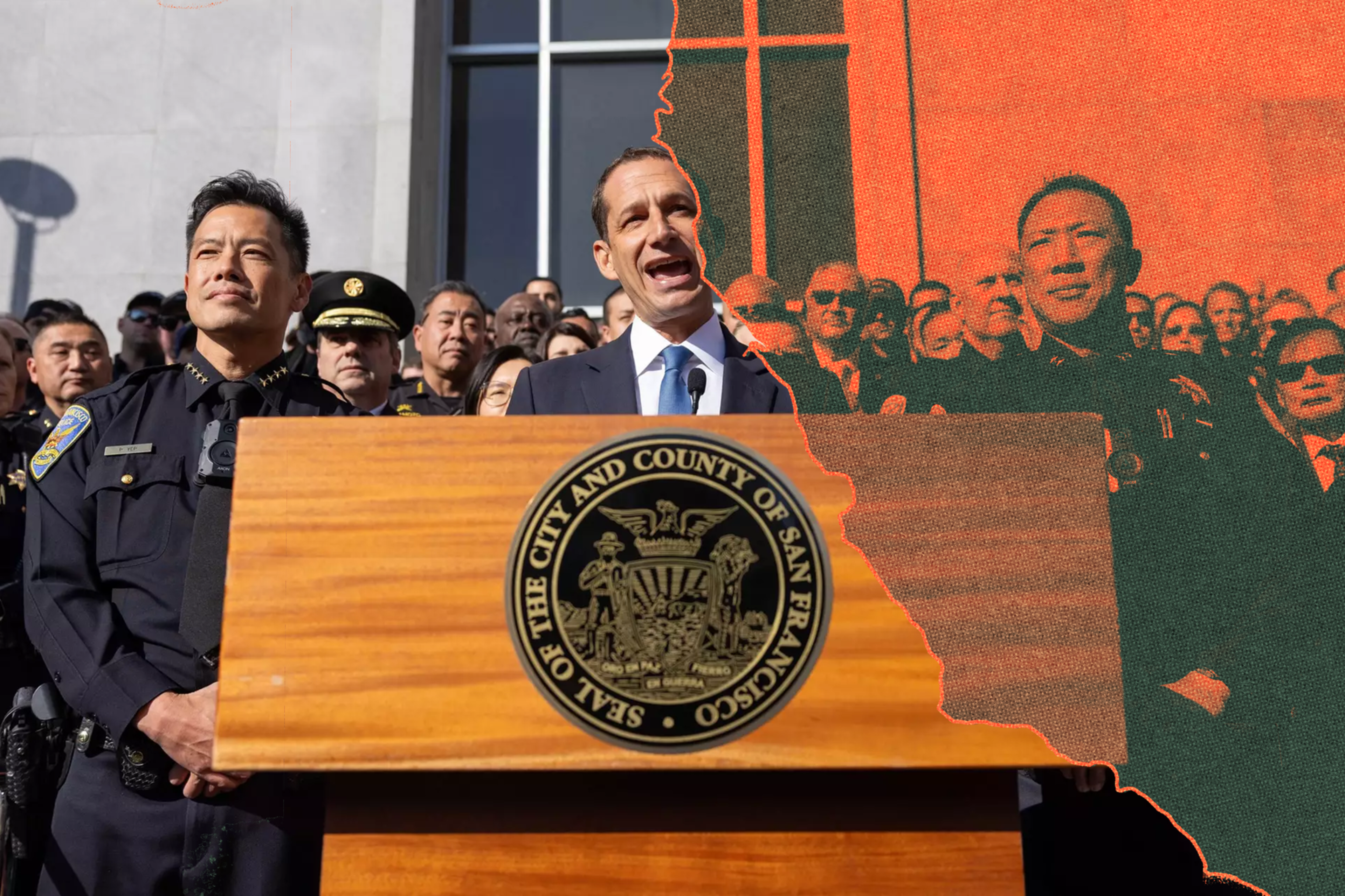A man in a suit speaks at a podium with the San Francisco city seal, flanked by uniformed police officers and a crowd behind them.