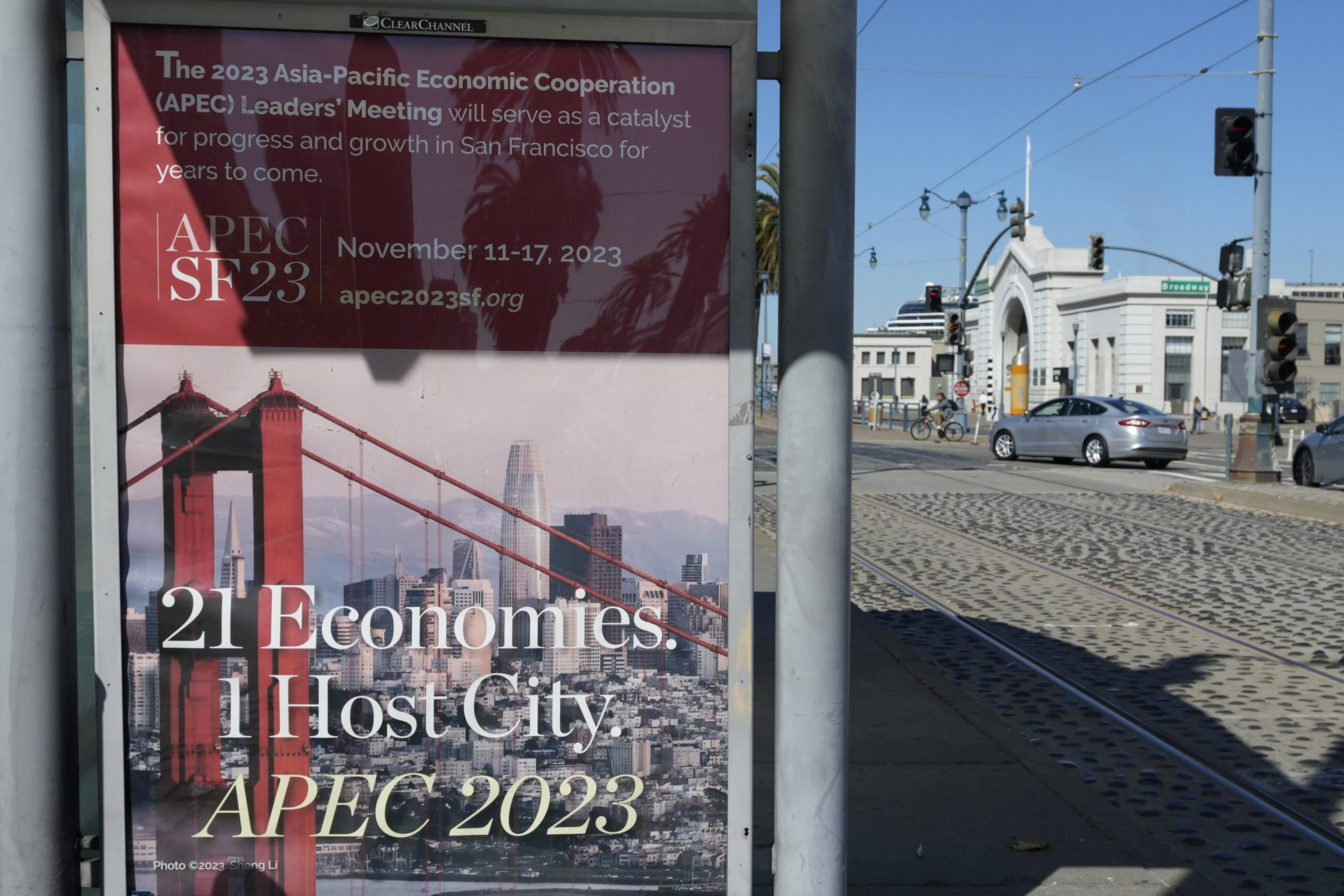 Signage along the Embarcadero promotes the upcoming Asia-Pacific Economic Cooperation leaders summit in San Francisco, Wednesday, Oct. 18, 2023. A $4 million marketing campaign touting San Francisco's resilience, innovation and moxie launches Thursday, Oct