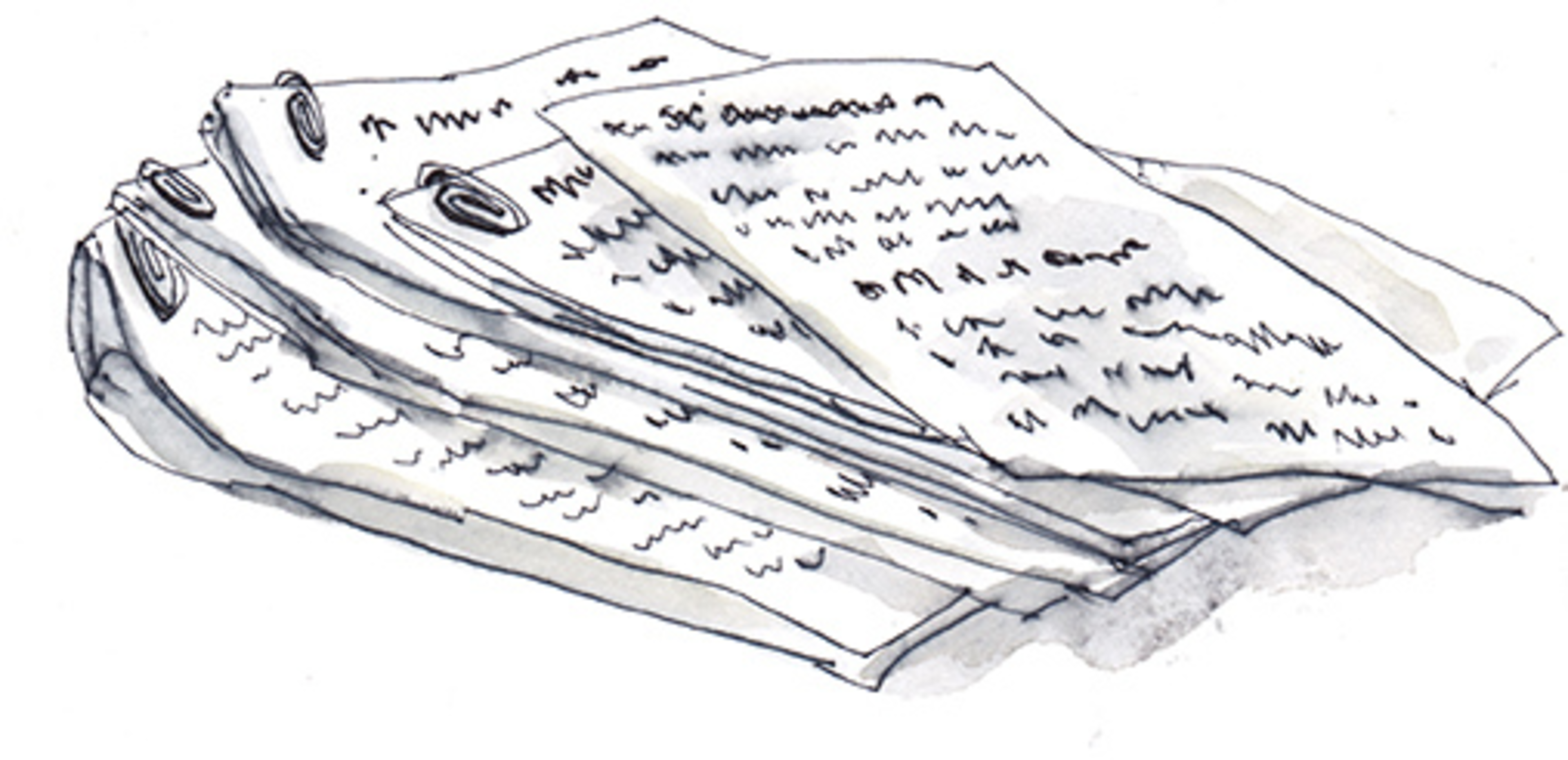 Several loose, slightly curled papers with handwritten text are scattered and overlapping on a flat surface.