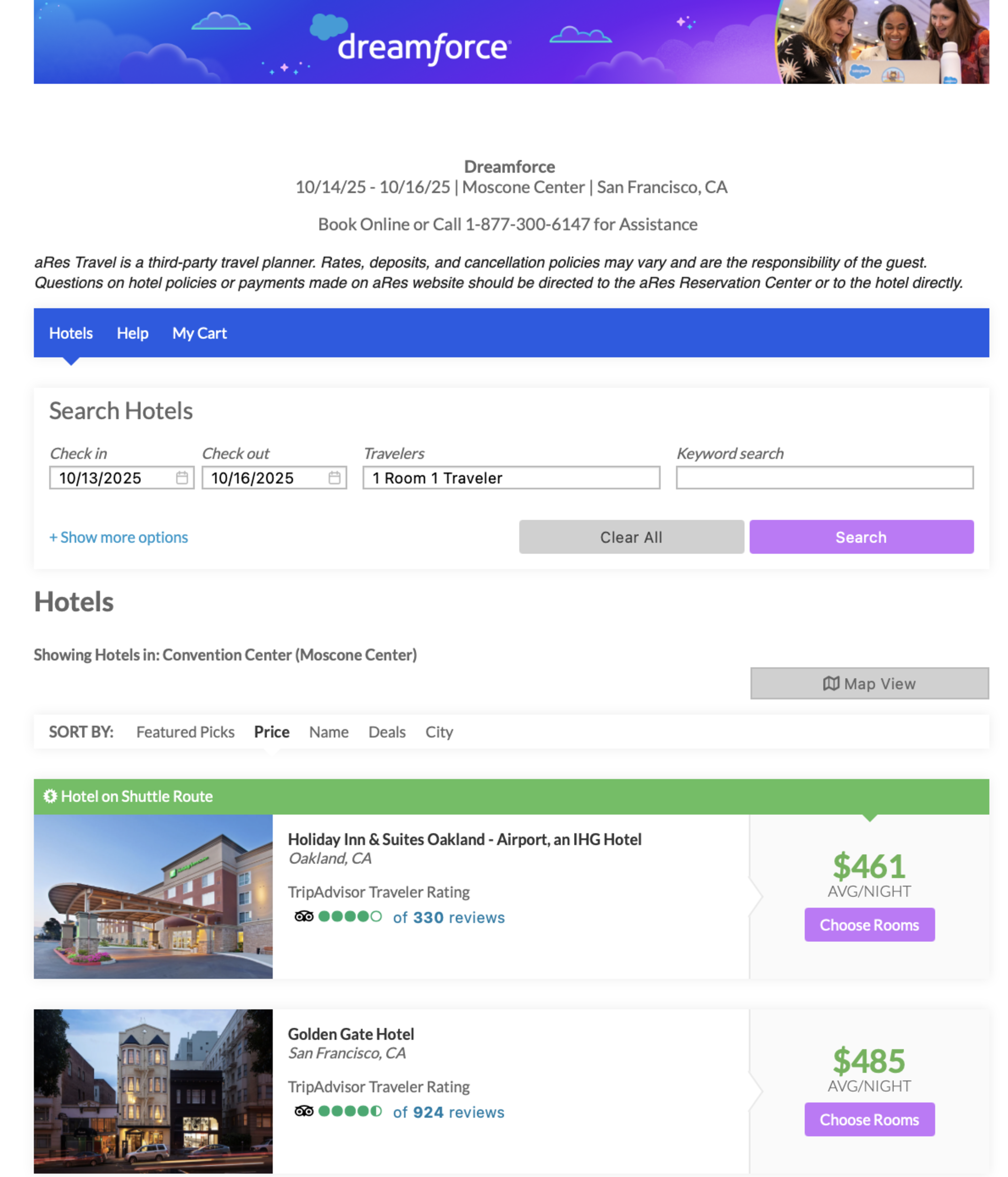 Hotel booking page for Dreamforce event shows two hotels: Holiday Inn in Oakland at $461/night and Golden Gate Hotel in San Francisco at $485/night.