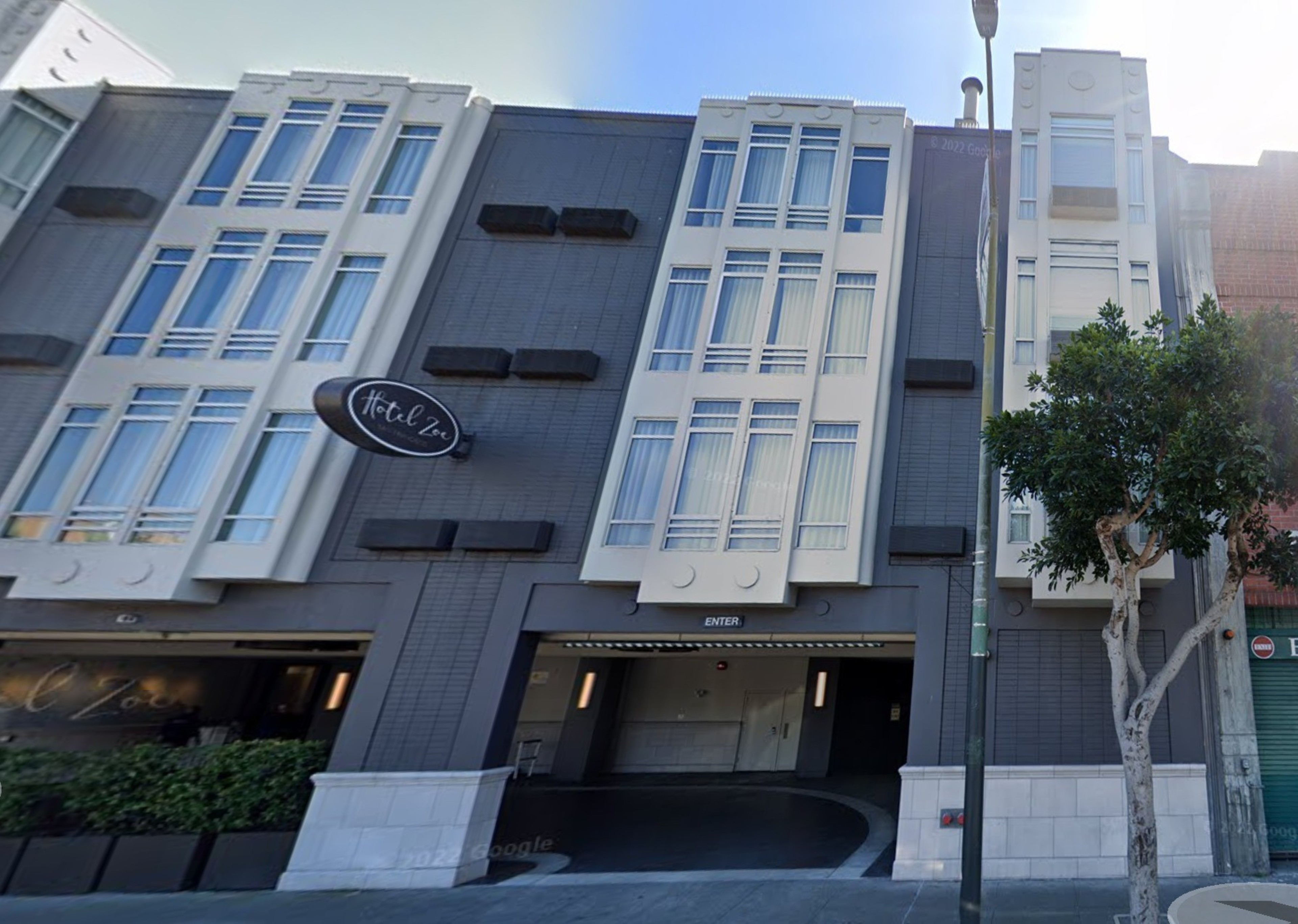 A Google Street View image from March 2022 captures the Hotel Zoe Fisherman's Wharf on North Point Street.