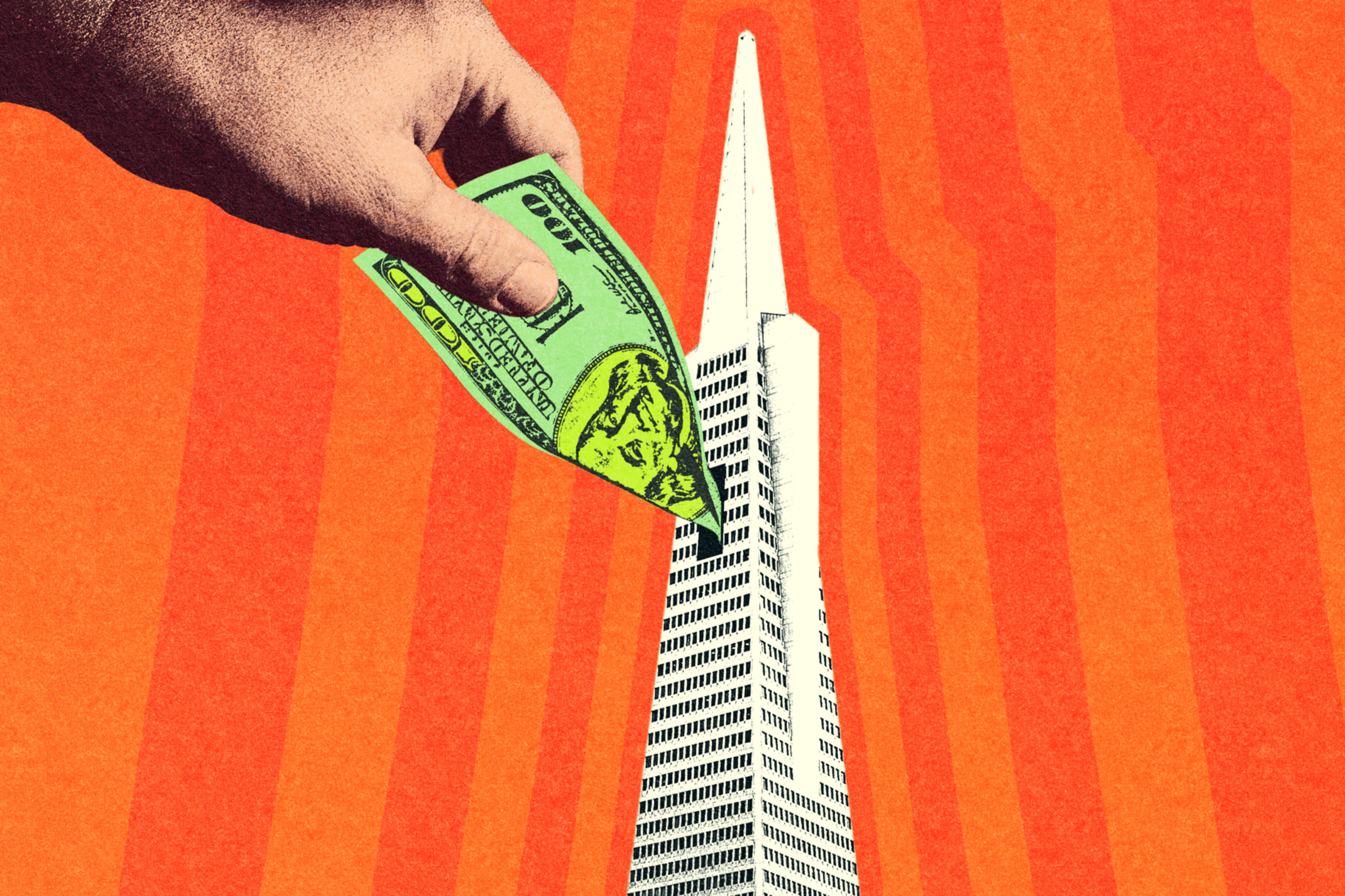 A hand is folding a green dollar bill like a paper airplane, aiming it at the pointed tip of a tall, white skyscraper against an orange background.