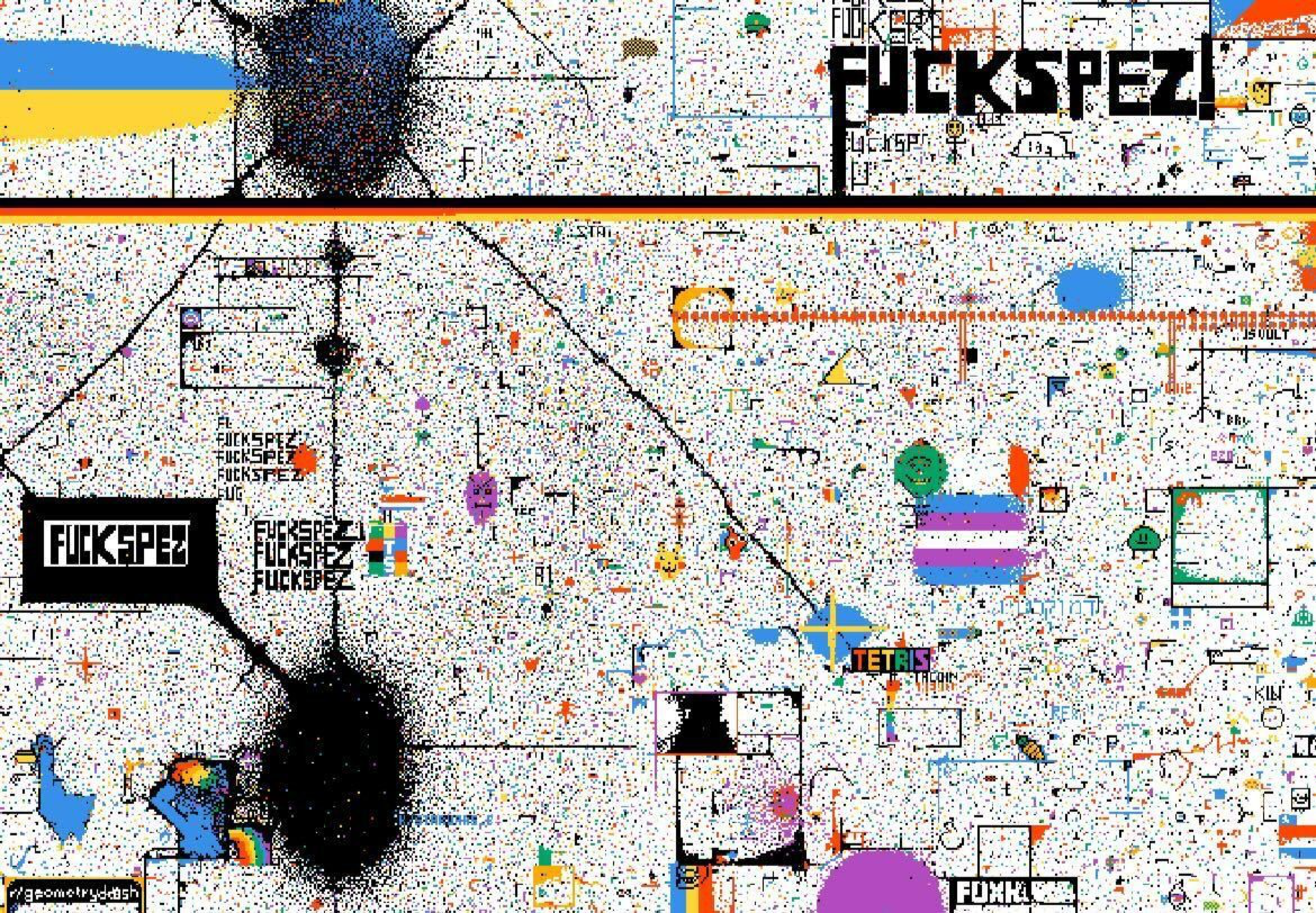 A pixelated digital mural filled with scattered, colorful dots, various shapes, small icons, and the repeated word "FUCKSPEZ" in different sizes and fonts.