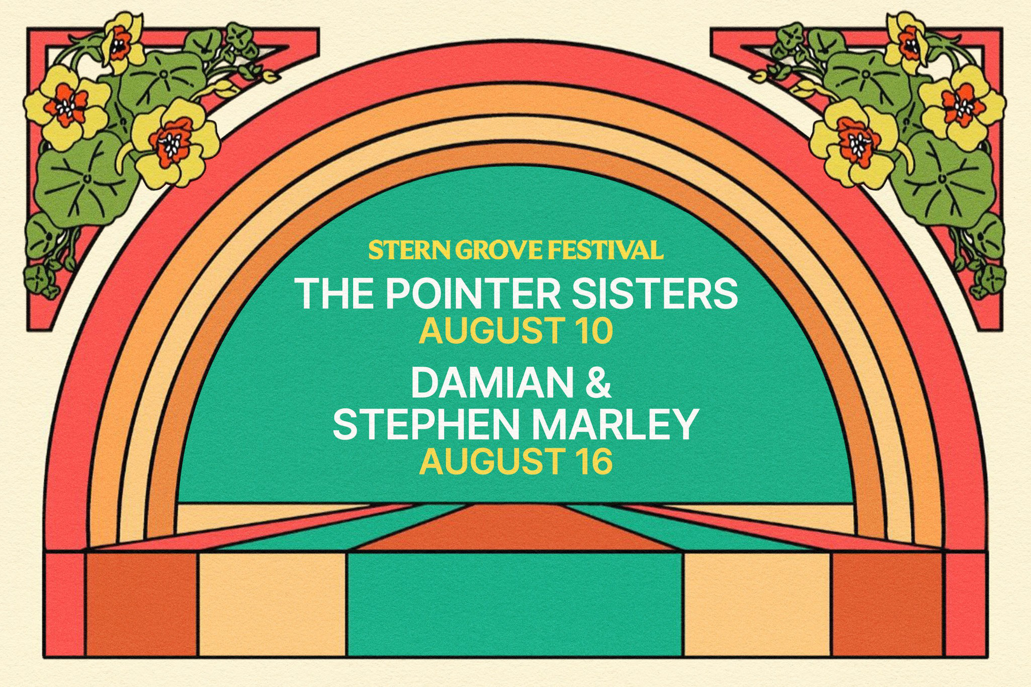 The image is a colorful graphic for the Stern Grove Festival. It announces performances by The Pointer Sisters on August 10 and Damian & Stephen Marley on August 16.