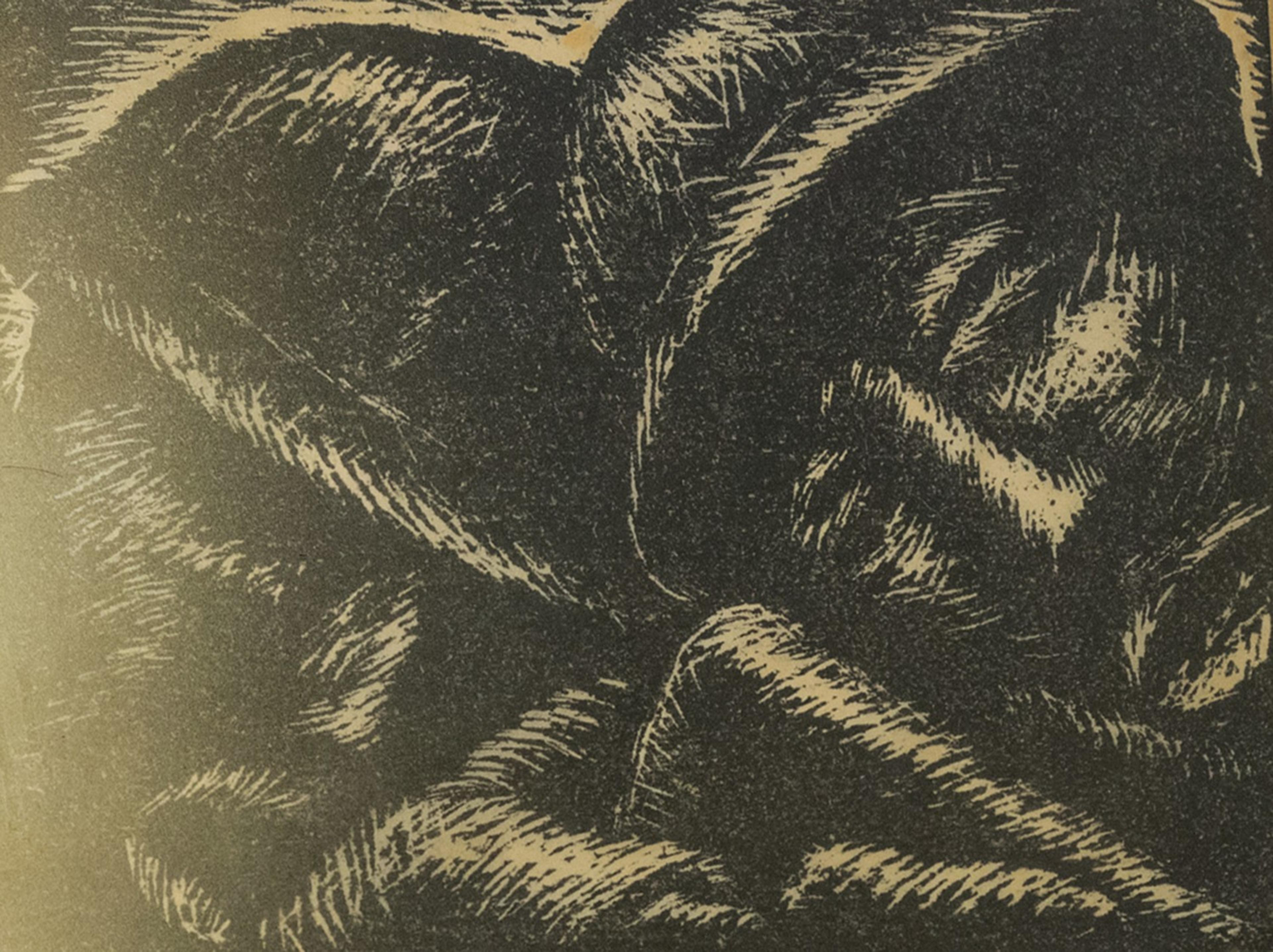 An abstract textured artwork with dark curving lines and shapes on a lighter background.