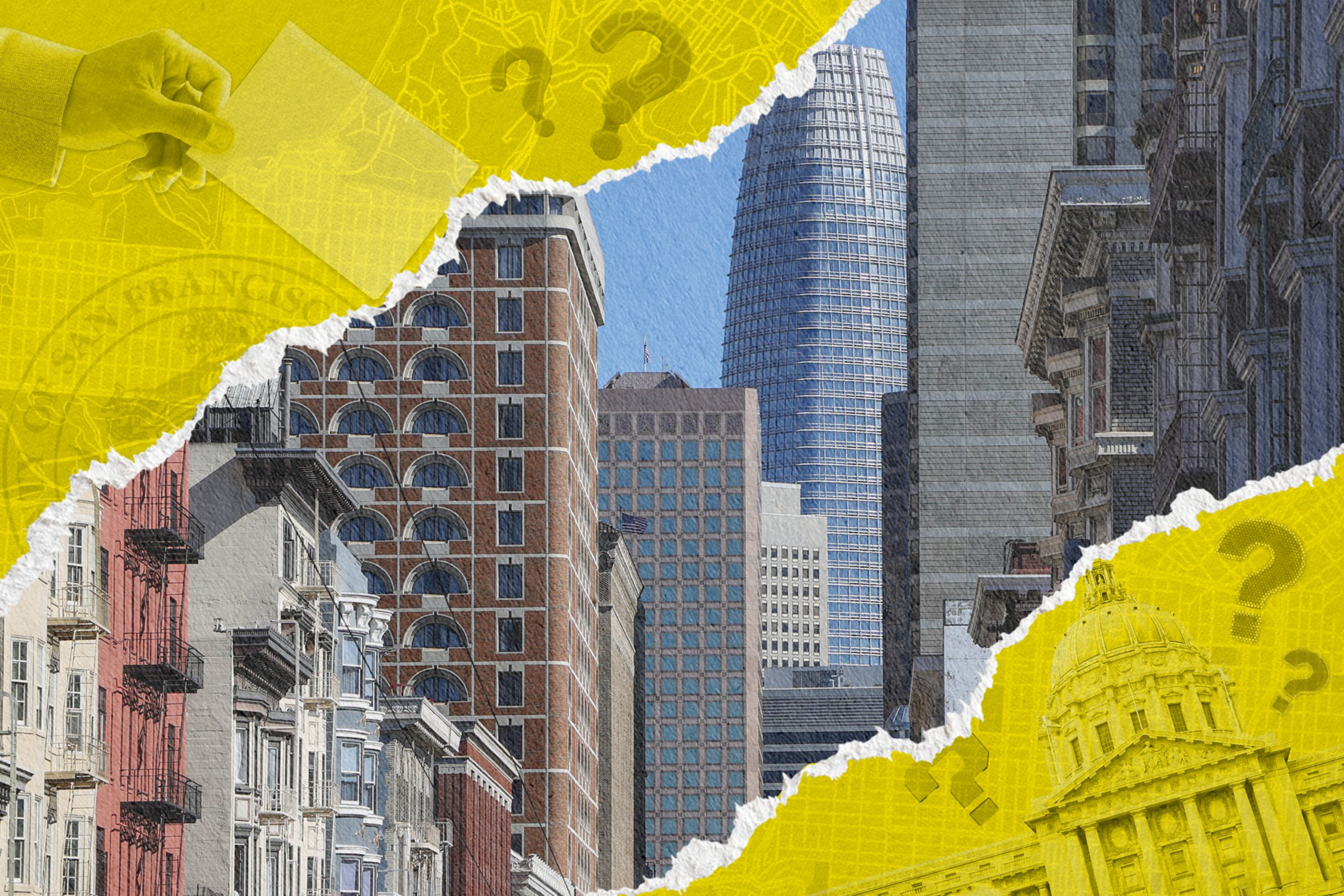 The image shows a collage of San Francisco's skyline, featuring a mix of historic and modern buildings, all overlaid with yellow areas and question marks.