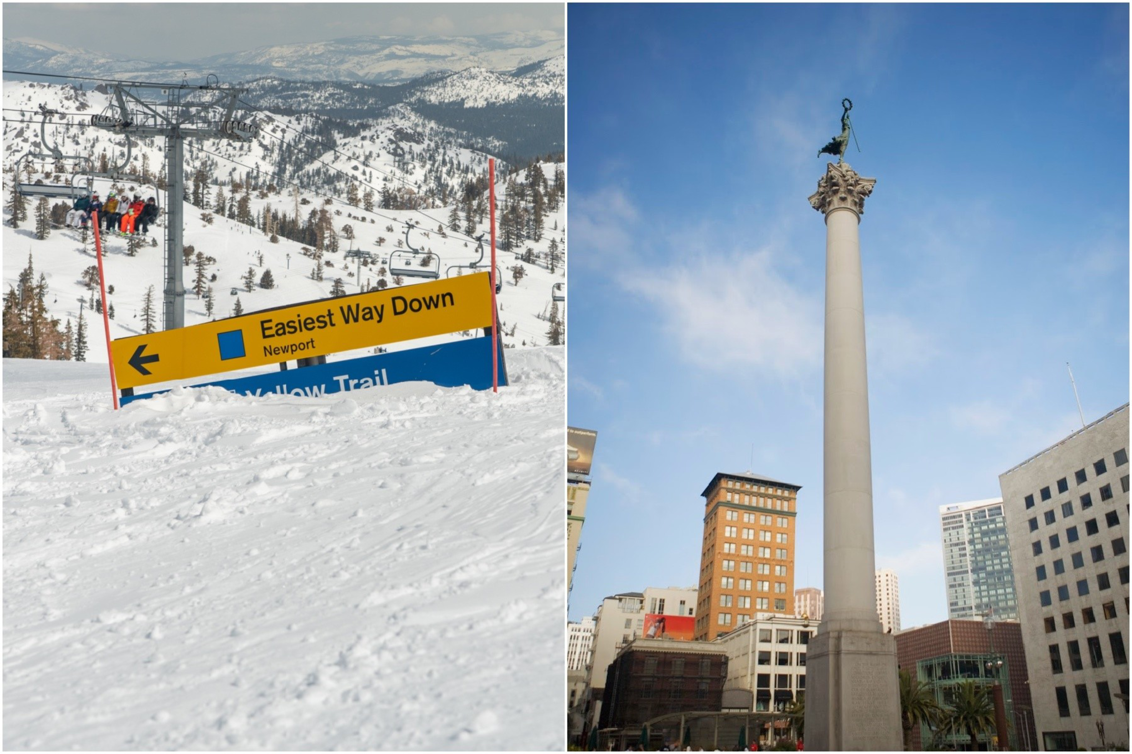 A snowy ski slope with a sign pointing to the easiest way down on the left, and a tall column with a statue atop it in an urban setting on the right.
