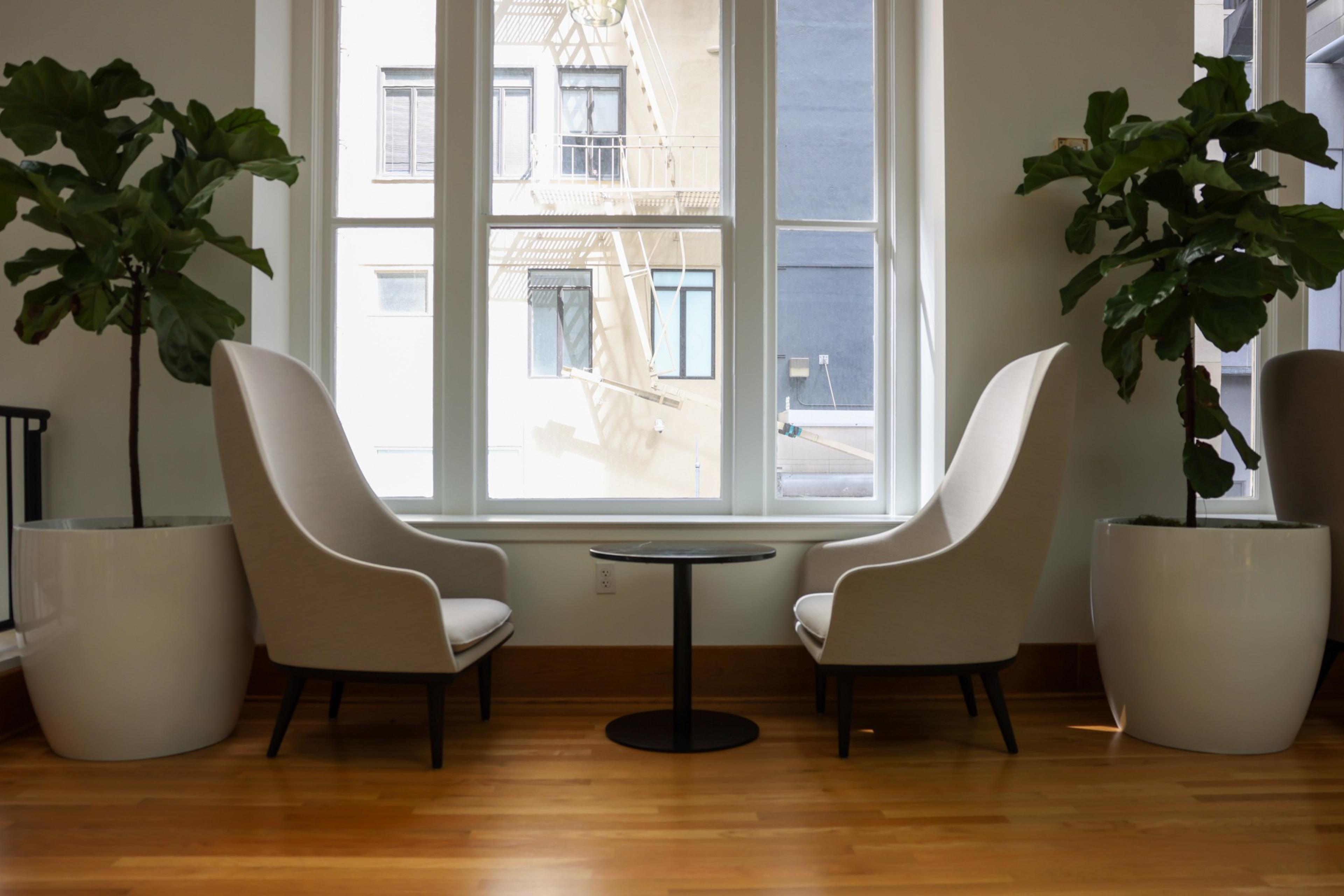 Two cream-colored armchairs face each other across a small round black table, with large potted plants beside them and a tall window behind.