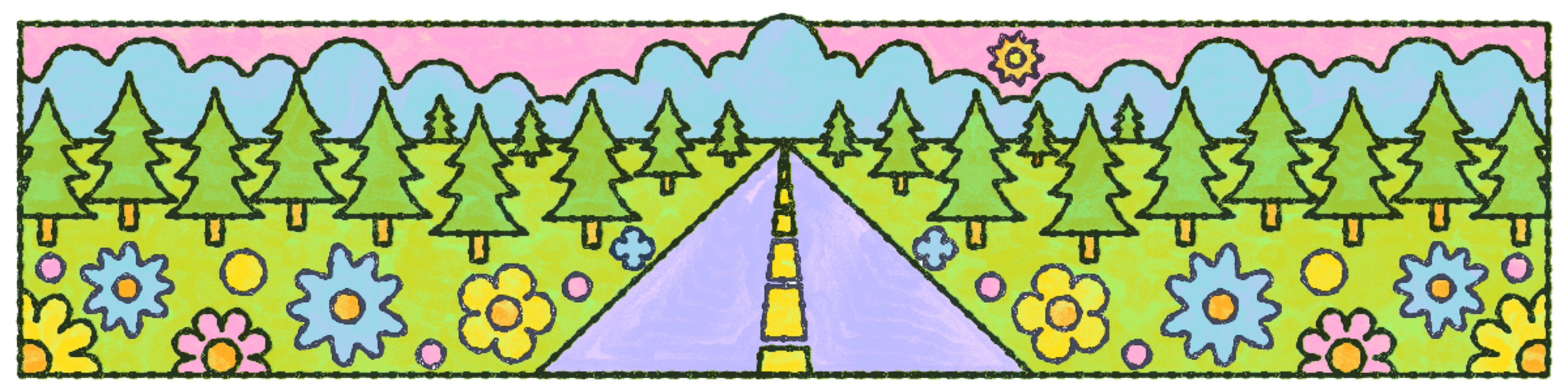 A purple road with a yellow center runs through a field of colorful flowers and green pine trees under a pink sky with blue clouds and a sun.