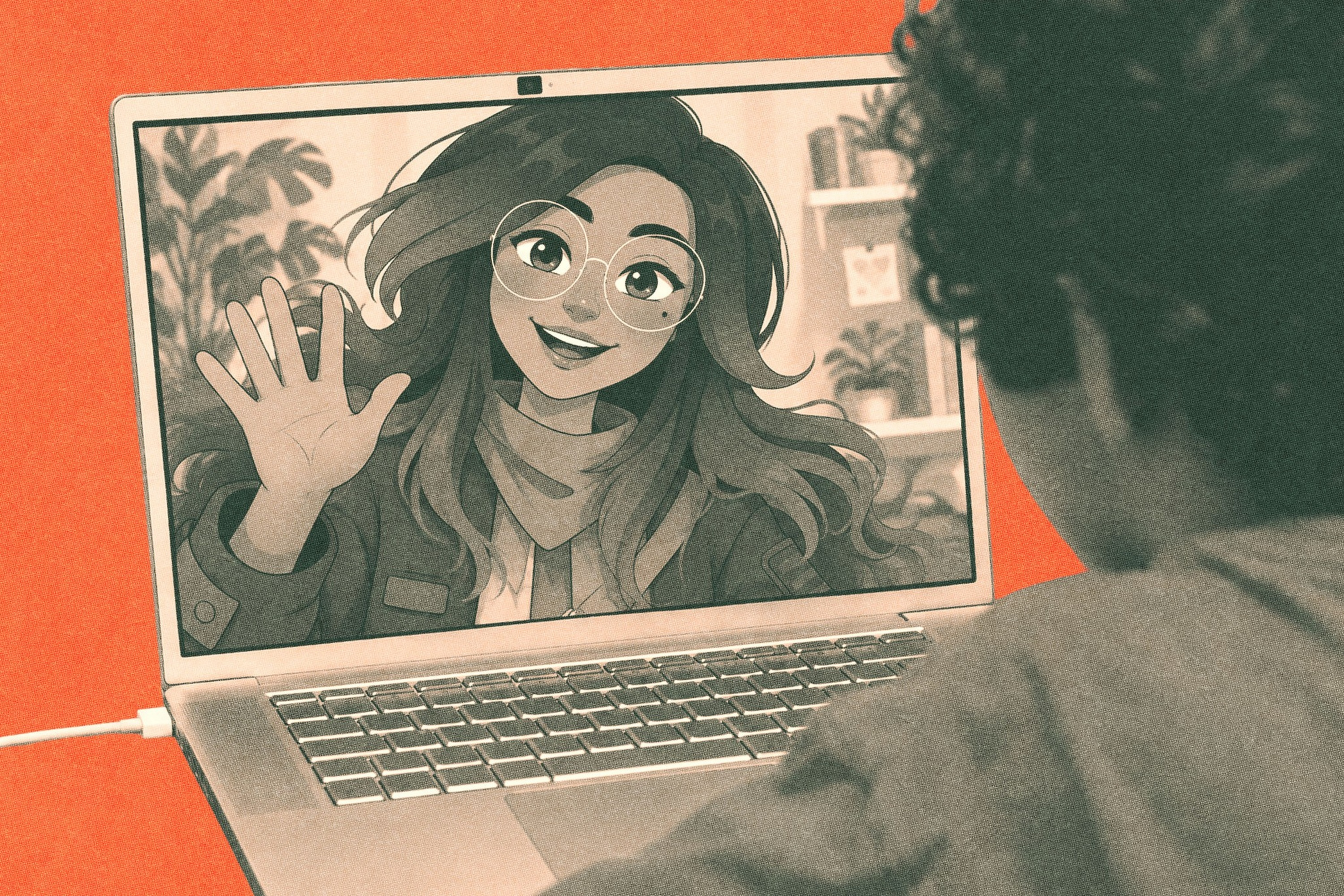 A person is video chatting on a laptop with a smiling woman wearing glasses who waves her hand in a cozy room.