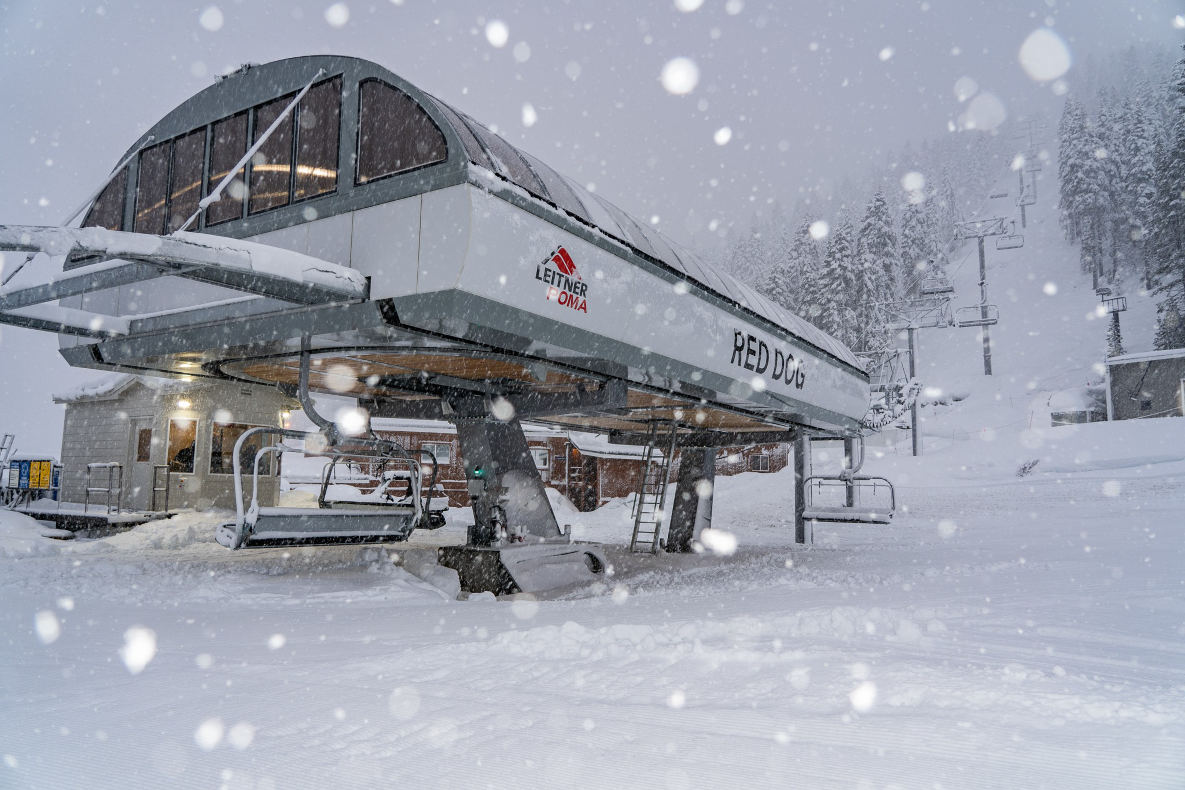 A ski lift station labeled "RED DOG" operates amid heavy snowfall with snow-covered ground and trees around it.