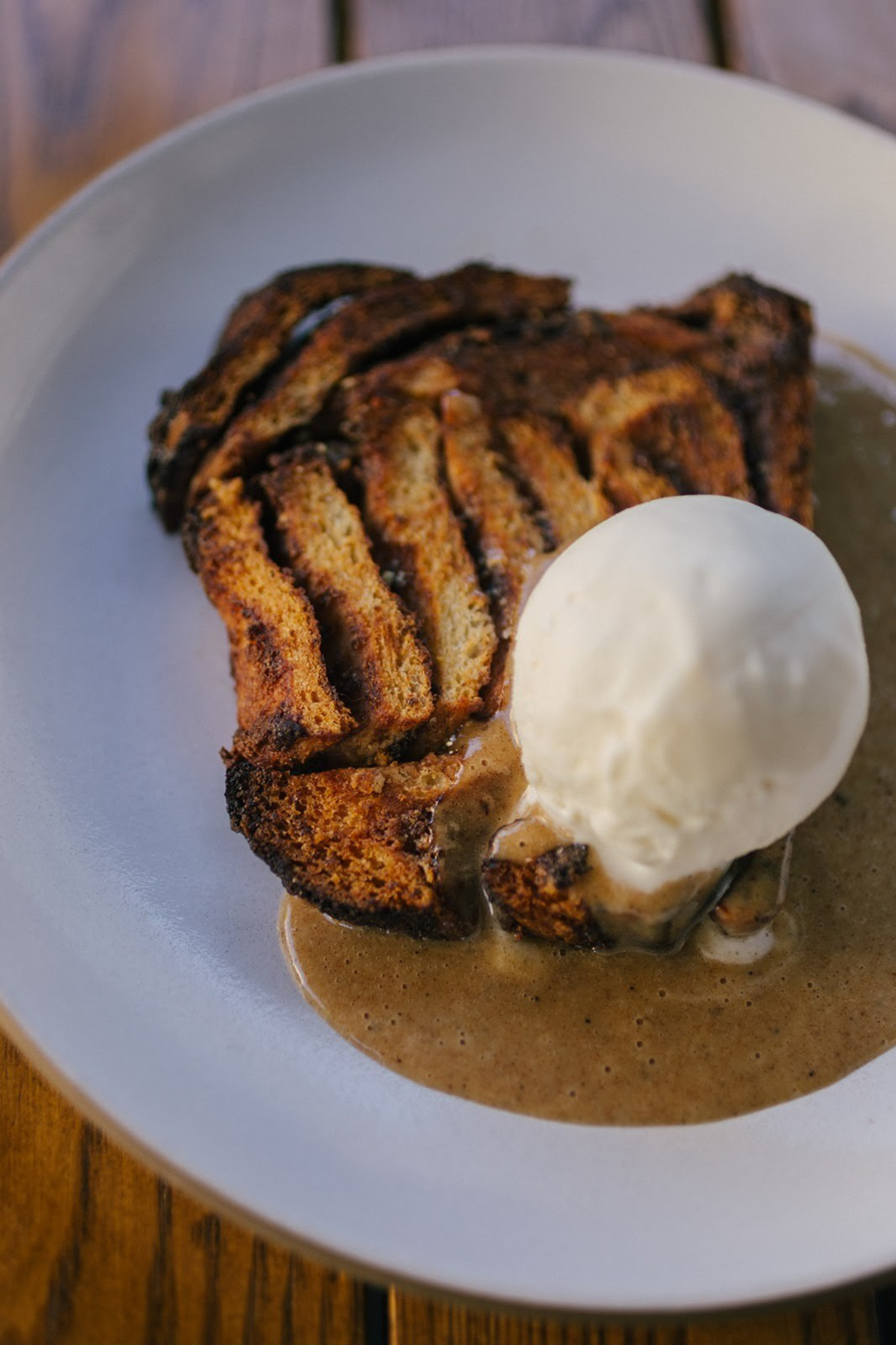A tahini and chocolate babka with ice cream. 