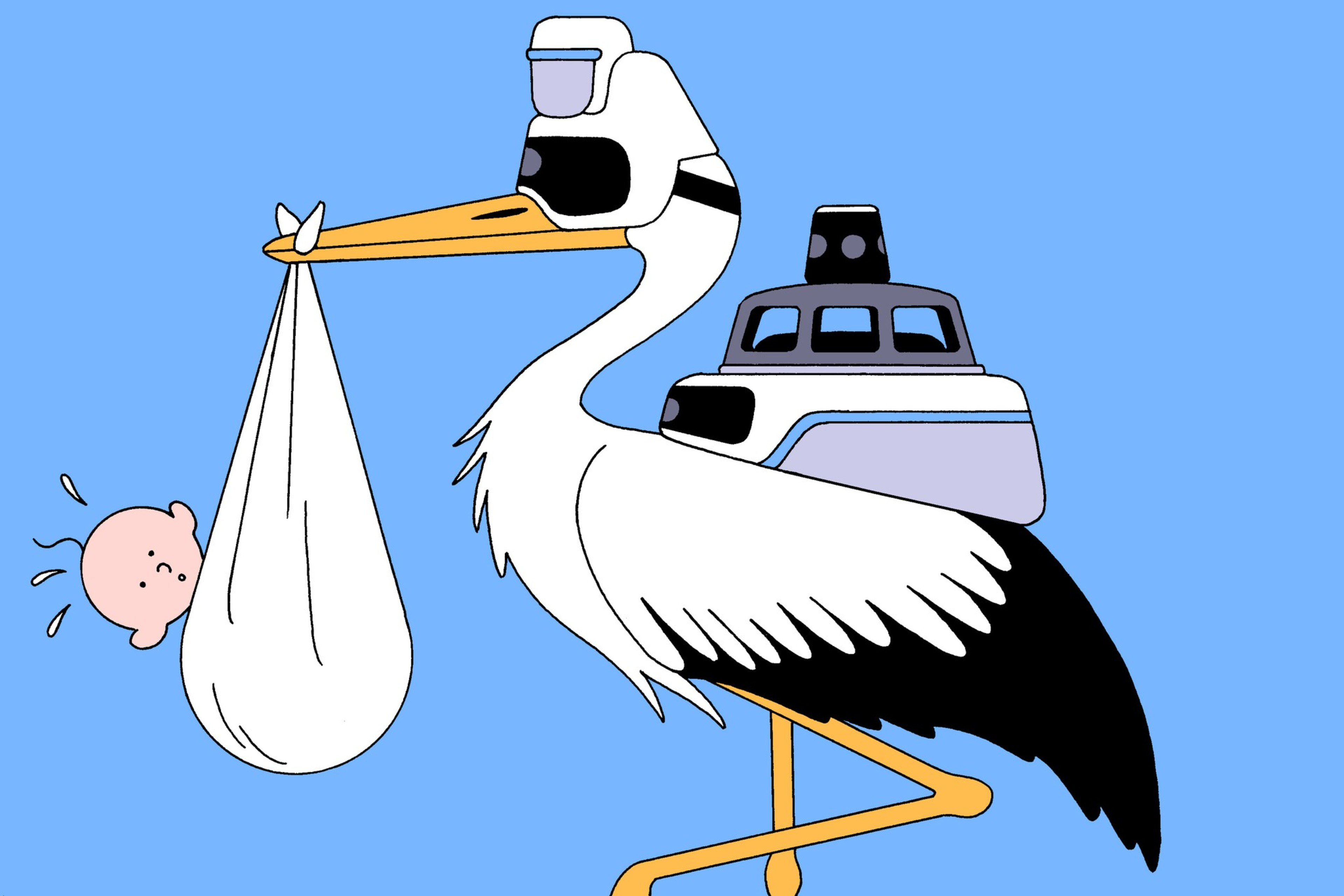 A stork in futuristic glasses with a ship on its back carries a bundled baby in its beak, against a blue background.