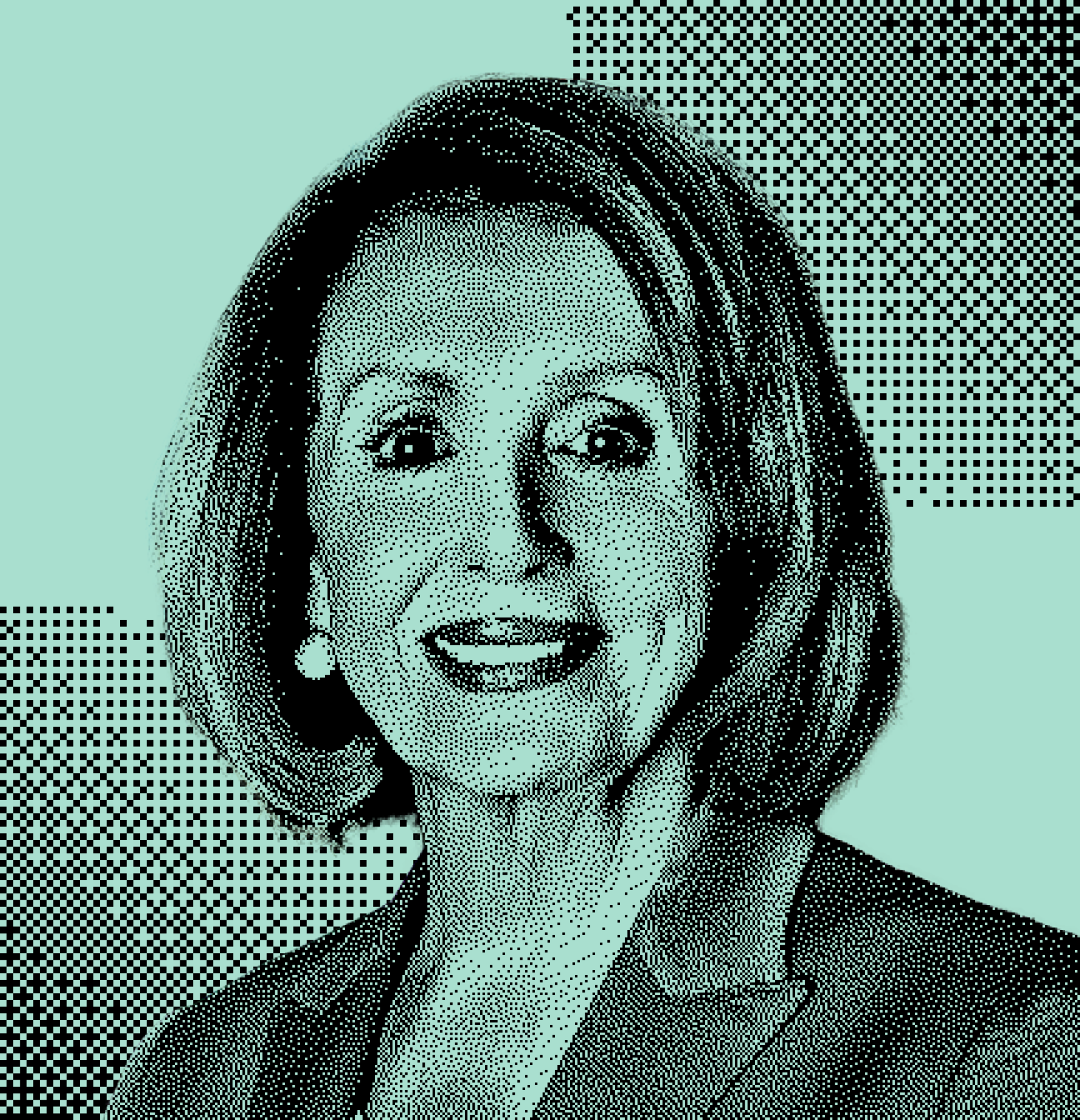 The image is a stylized, teal-toned portrait of a middle-aged individual with short hair, wearing a suit jacket. The background features a dotted pattern.