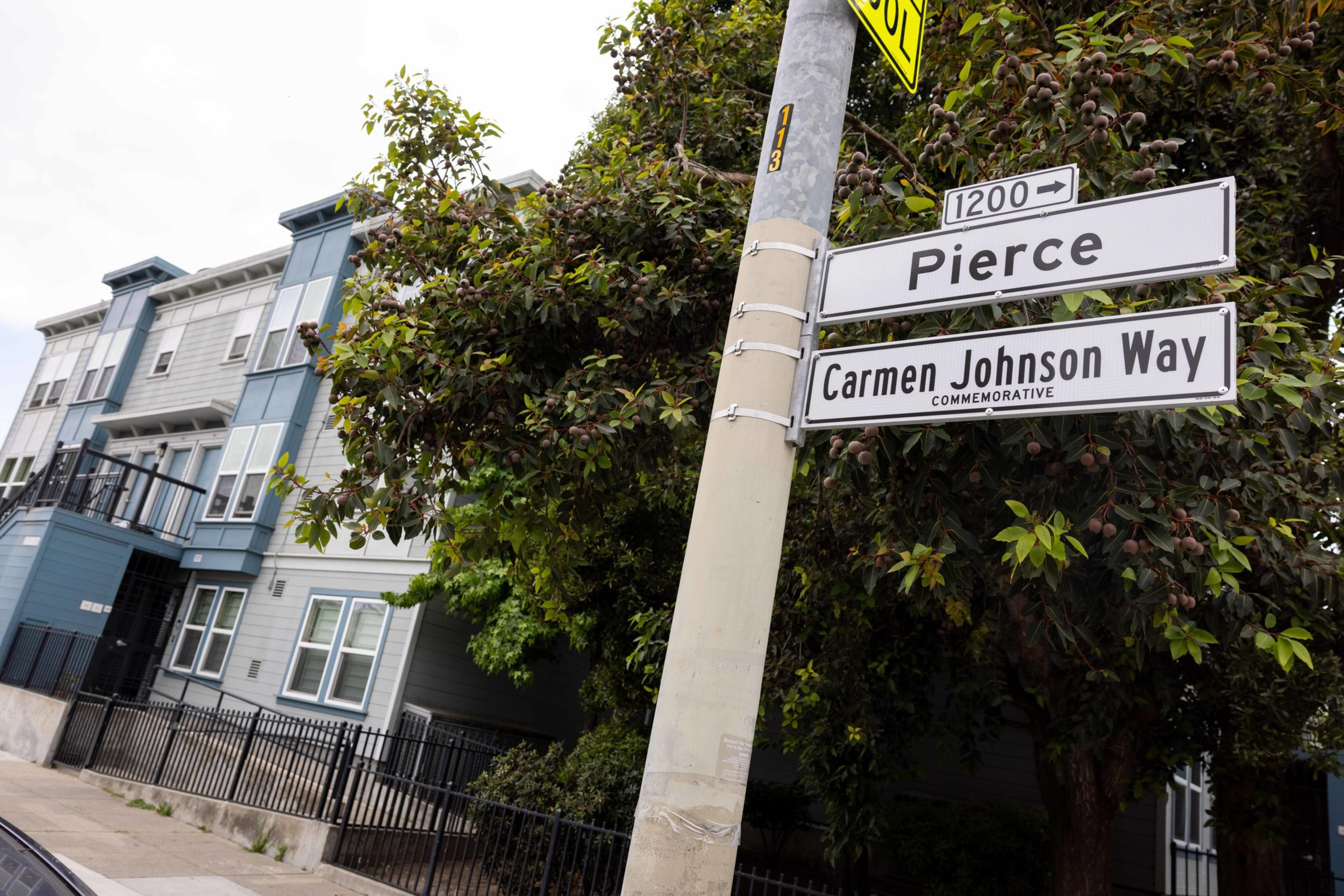 Street signs on a pole display “Pierce” and “Carmen Johnson Way Commemorative” beside a tree and a blue-gray multi-story building with windows and balconies.
