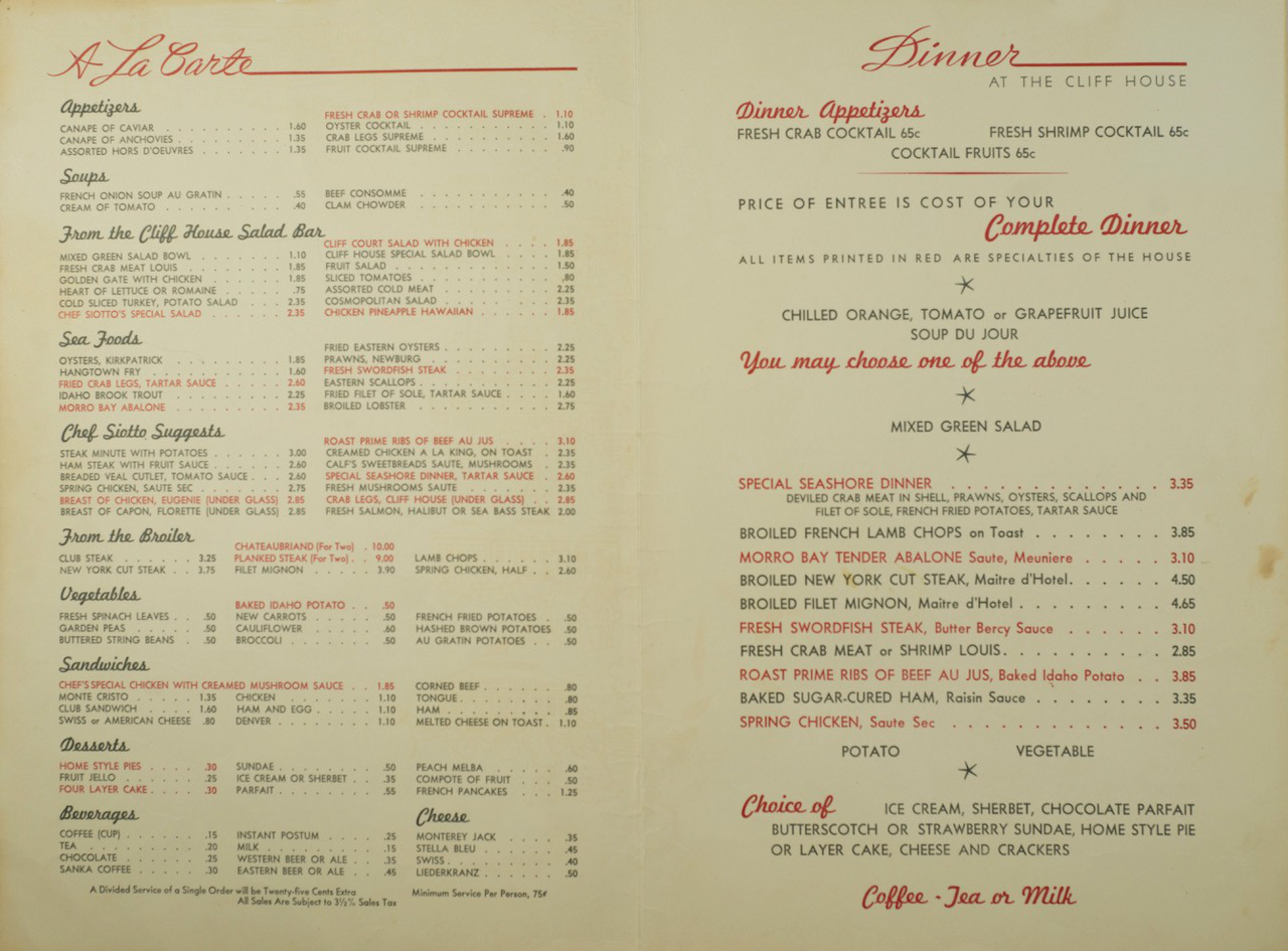 Menu featuring a la carte items like appetizers, soups, seafood, steaks, vegetables, sandwiches, desserts, and a dinner section with specialties, salads, entrees, and dessert choices.