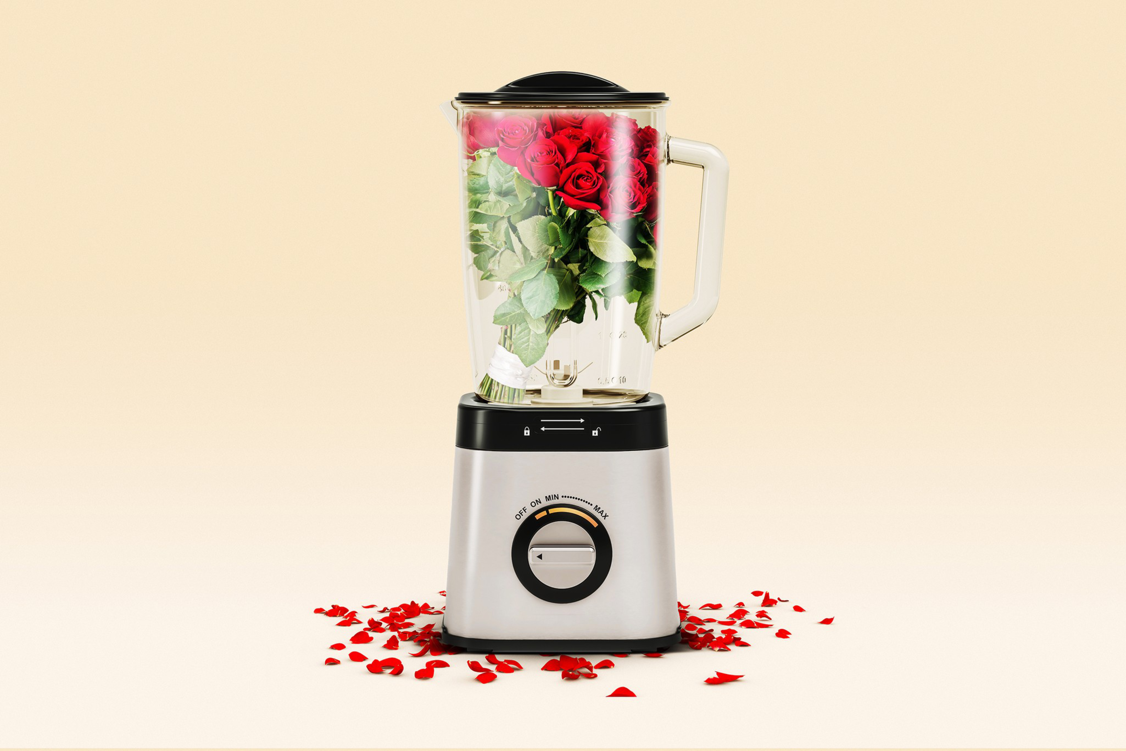 A photo illustration of roses in a blender