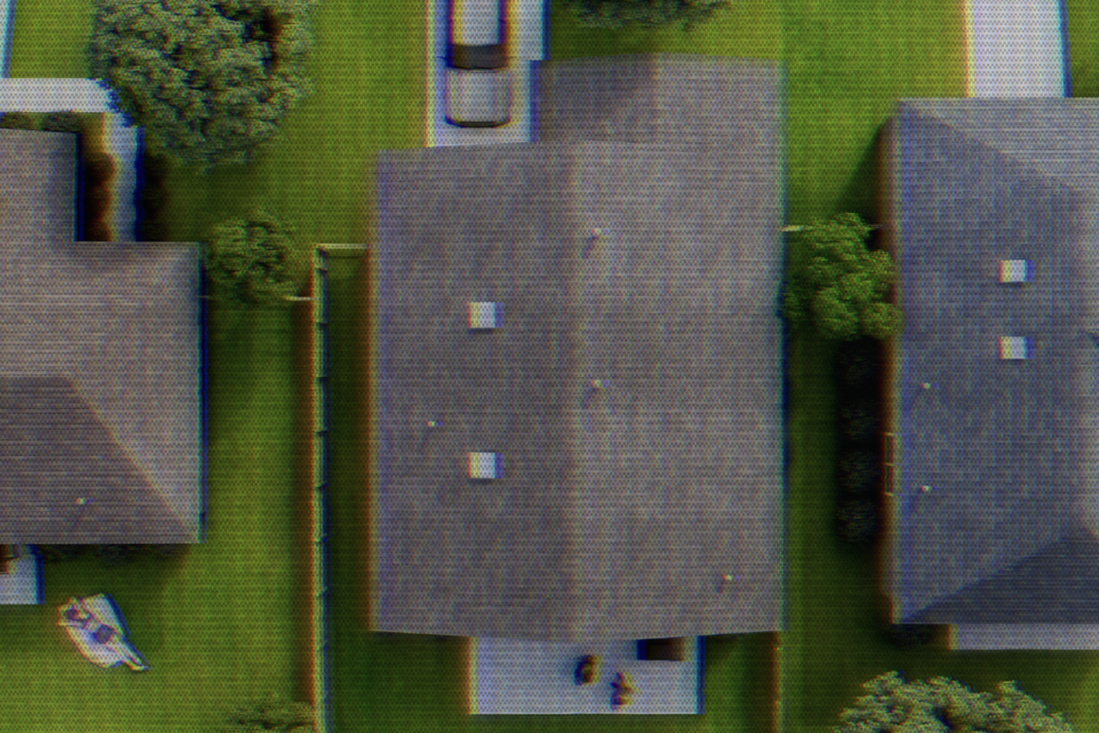 An illustration mimicking a drone flying over homes and inspecting rooftops.