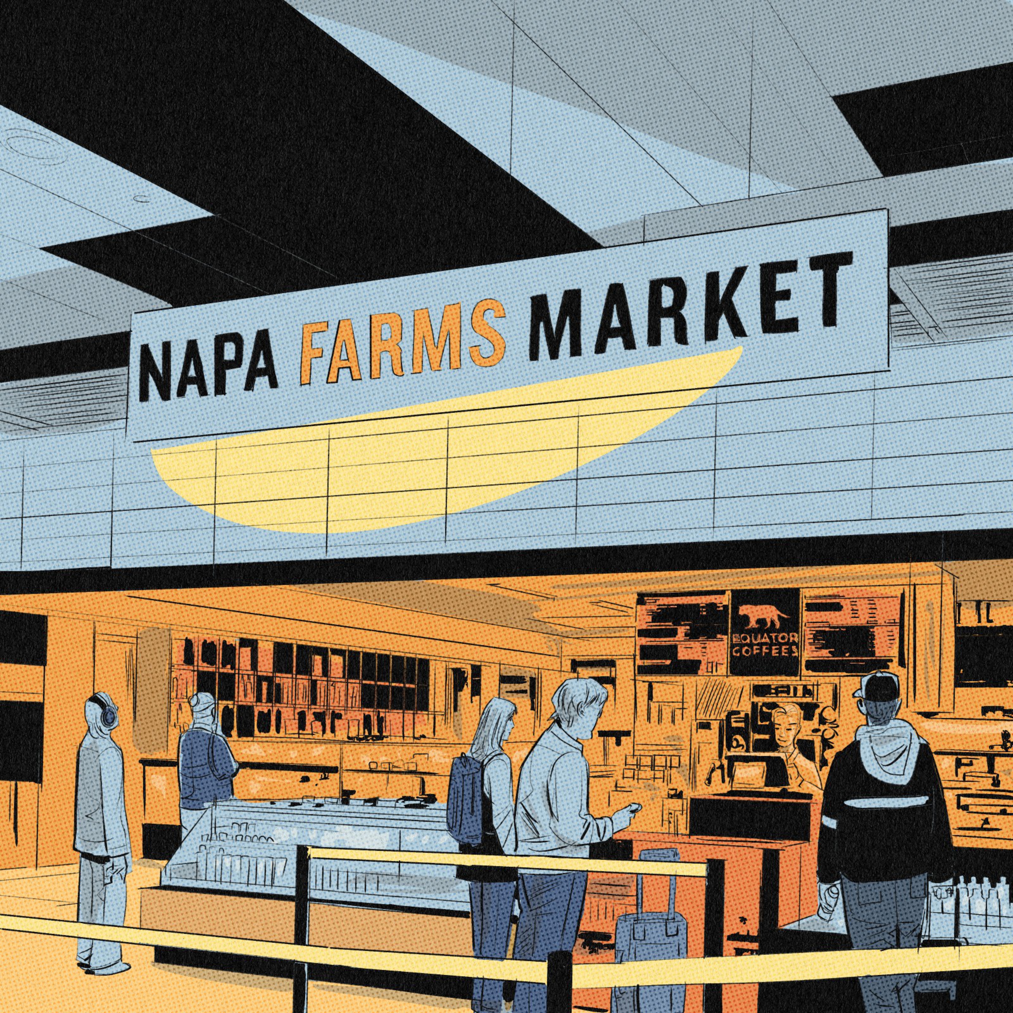 NAPA FARMS MARKET sign is above a market counter where people stand in line, with one person at a coffee kiosk labeled Equator Coffees.