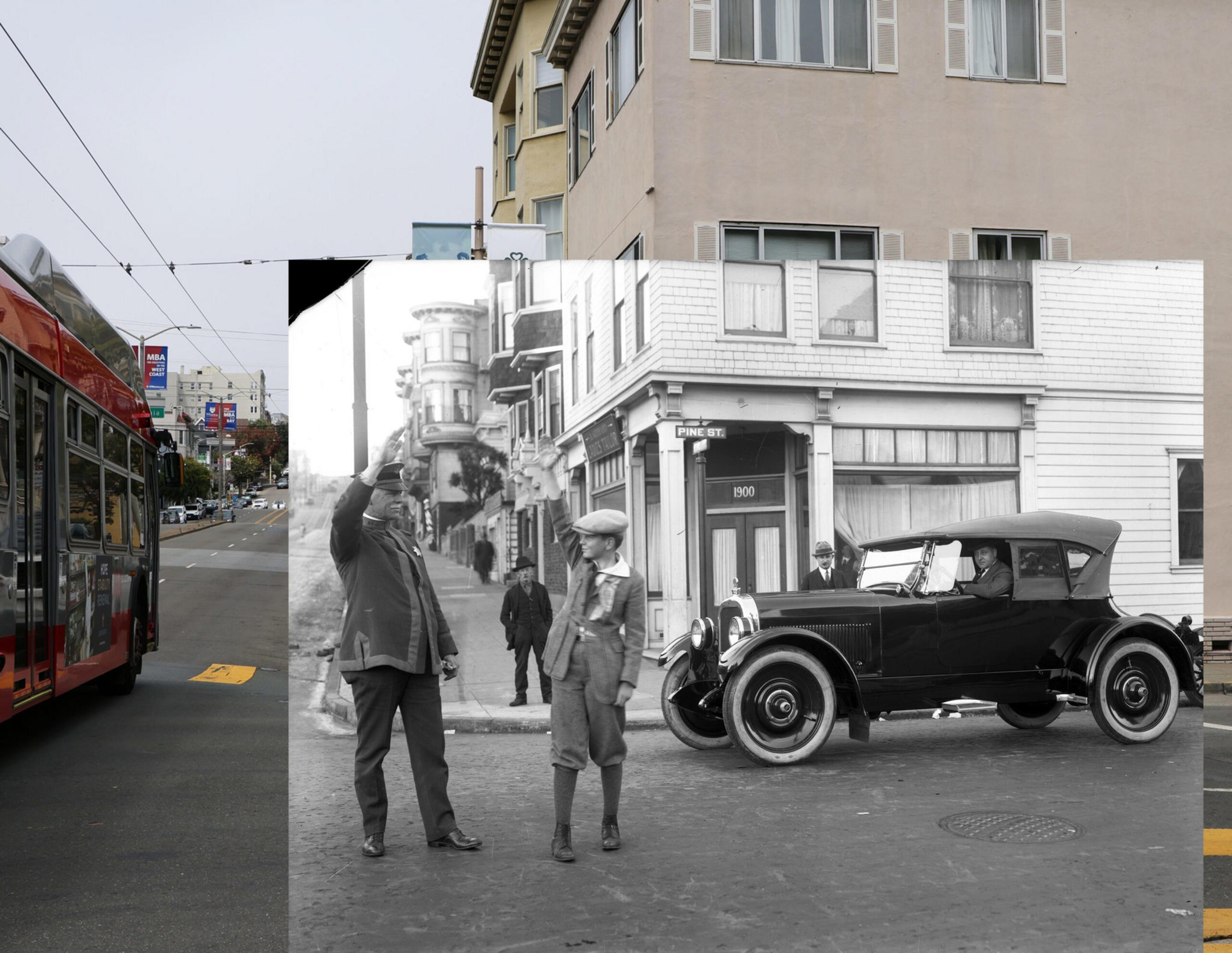 An inset of a black and white image of a youth and a San Francisco Department Policeman at the corner of 1900 Divisadero Street at Pine Street in San Francisco sometime in 1920 and a color background image of a muni bus passing through the same intersectio