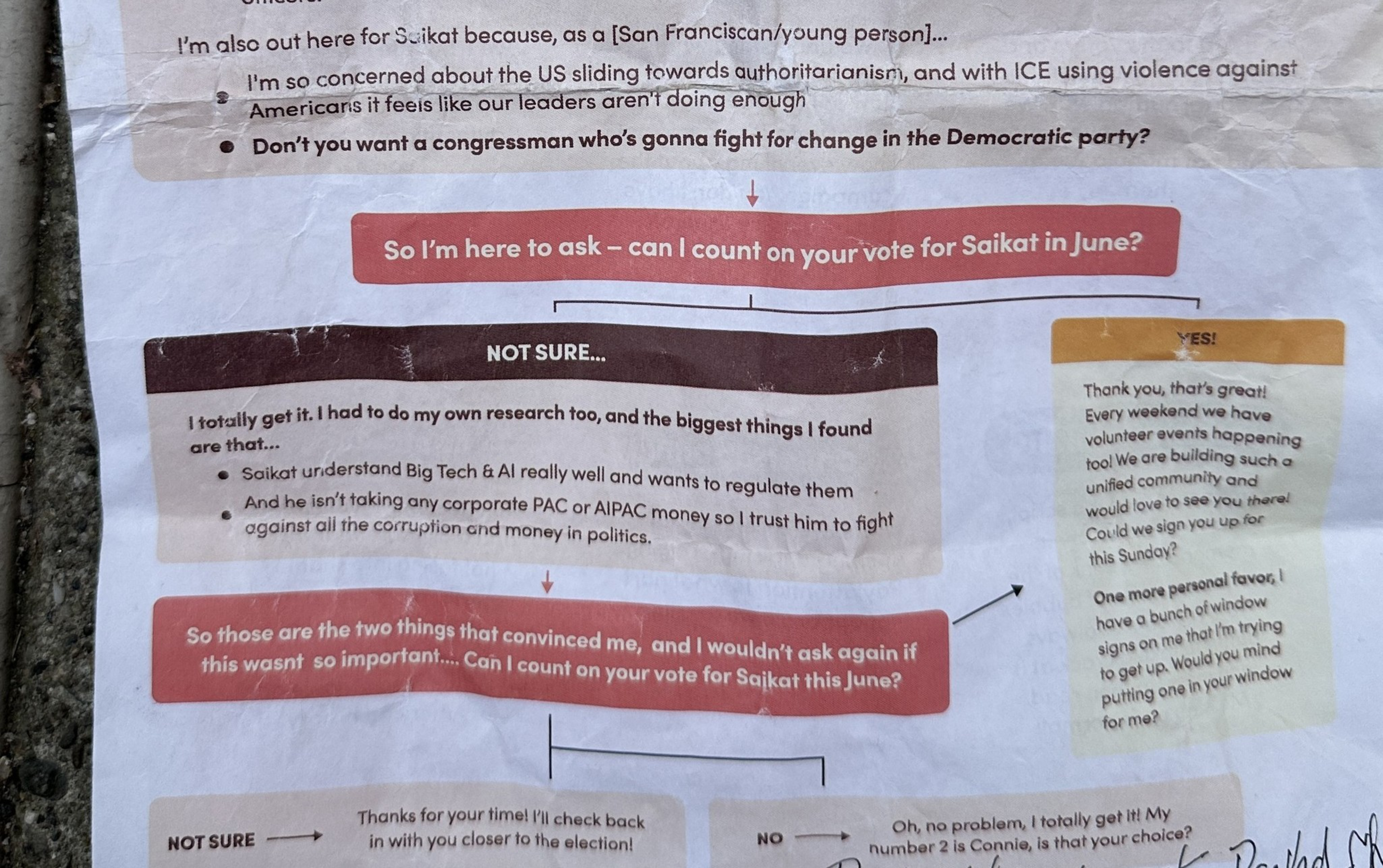 The paper is a political flyer asking for a vote for Saikat, highlighting his stance on Big Tech, AI, and rejecting corporate PAC money, with response options.