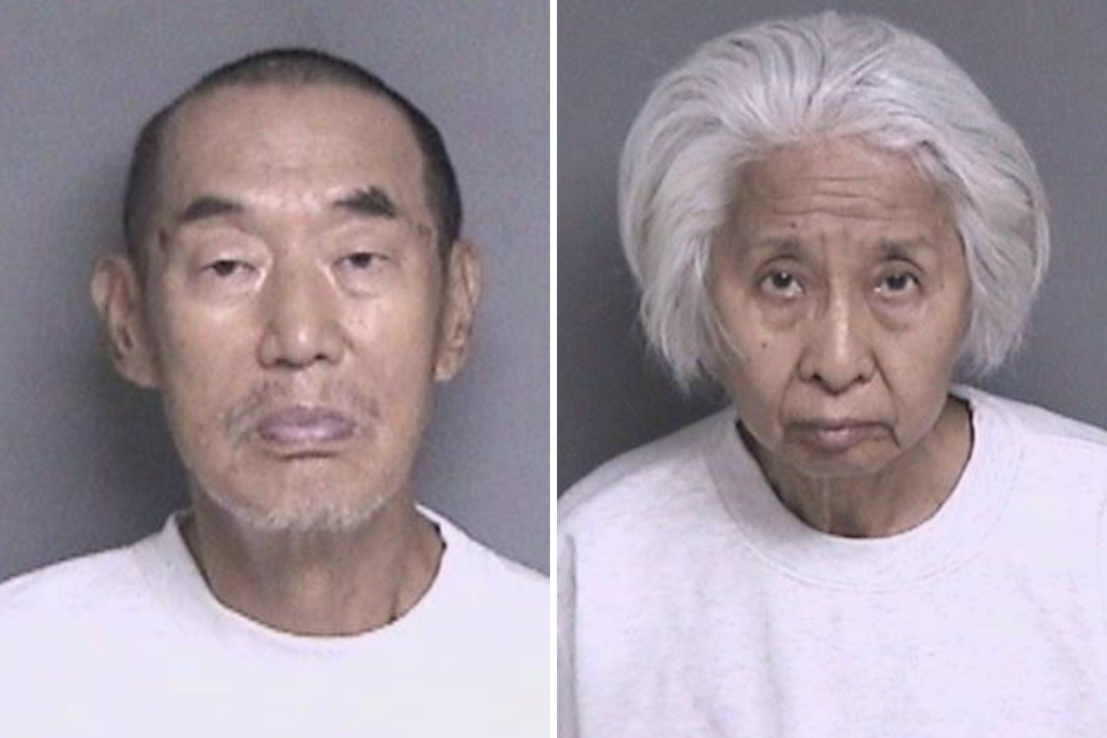 An older man with short hair and a trimmed beard wears a white shirt, alongside an older woman with white hair and a white shirt, both looking at the camera.