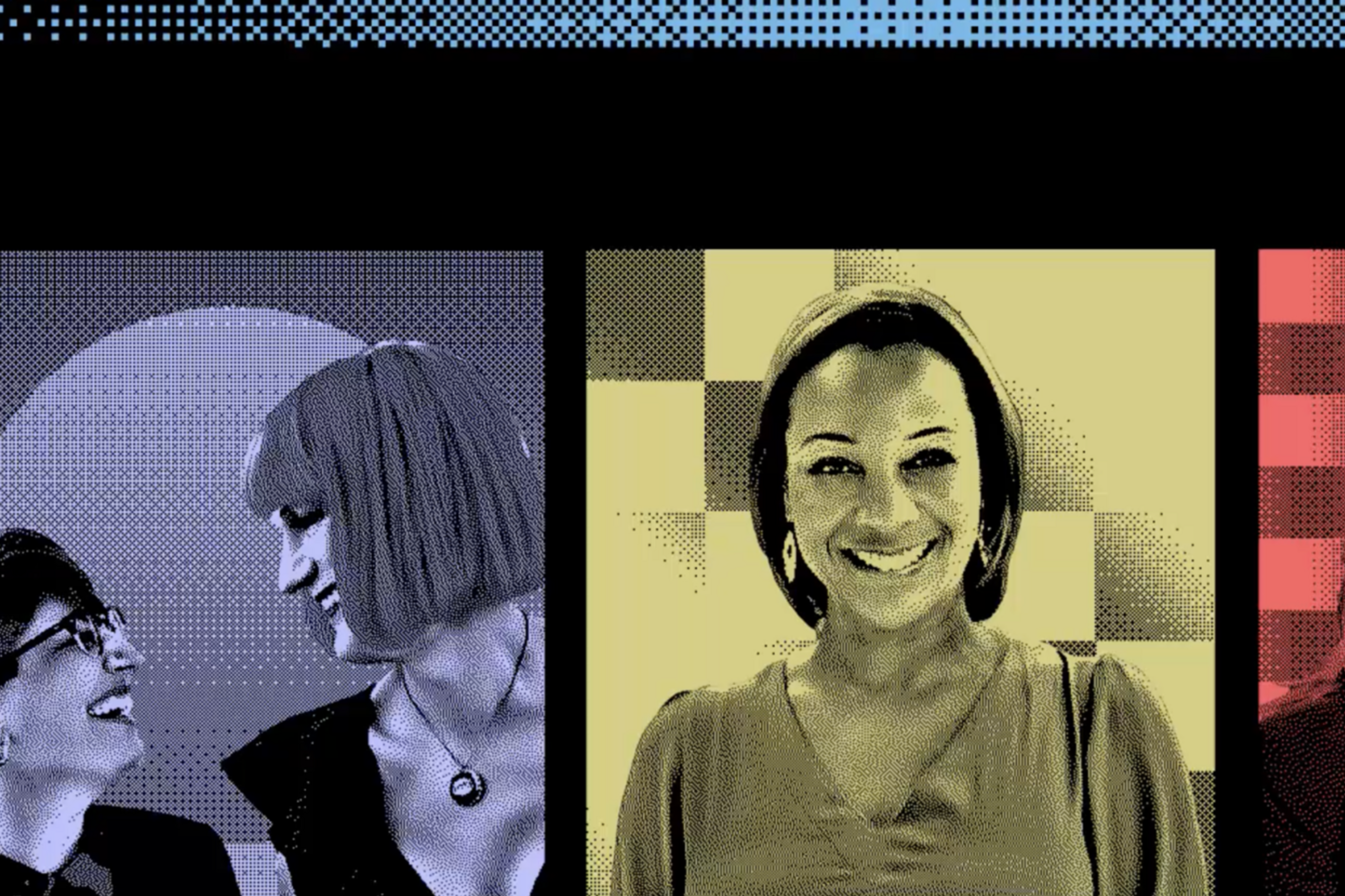 The image shows three portraits: two smiling people in purple, a woman smiling in yellow, and a pair smiling against a red, checkered background.